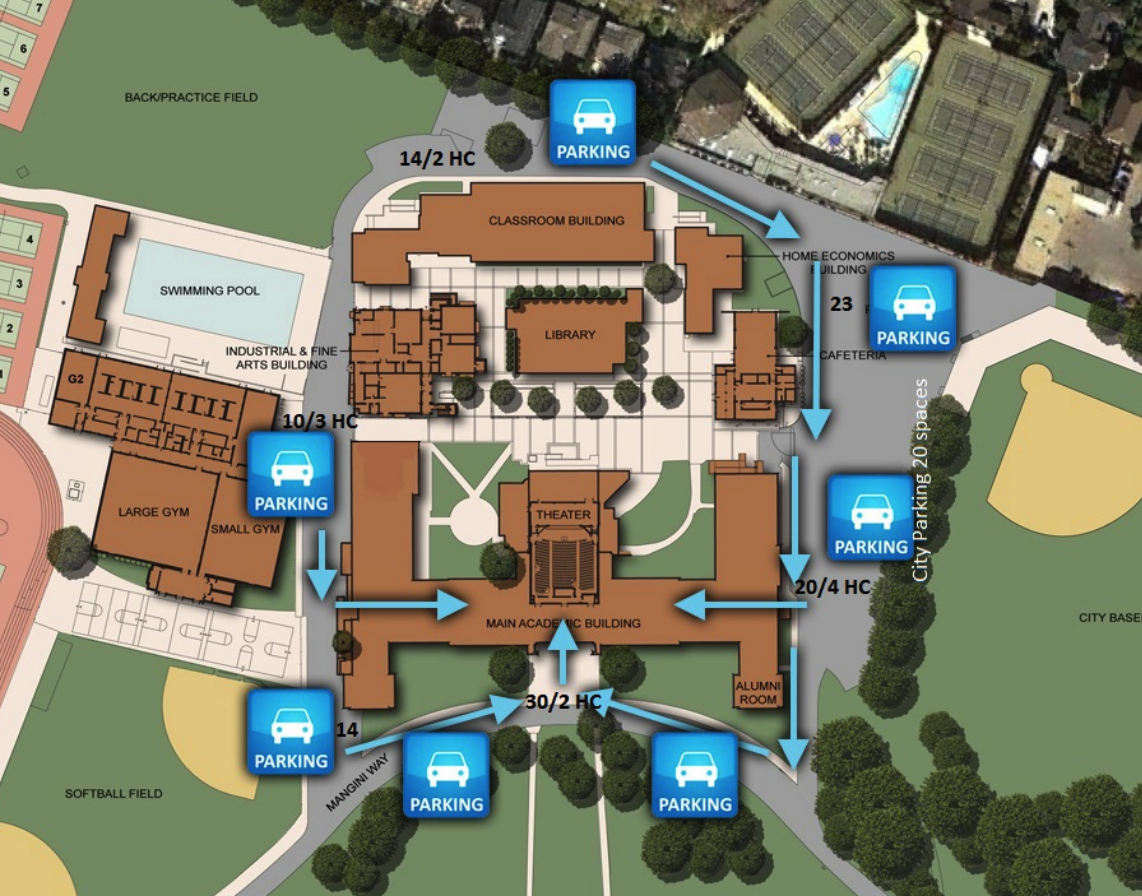 Campus map showing various parking spots, buildings including a classroom, library, theater, gym, and other athletic facilities.