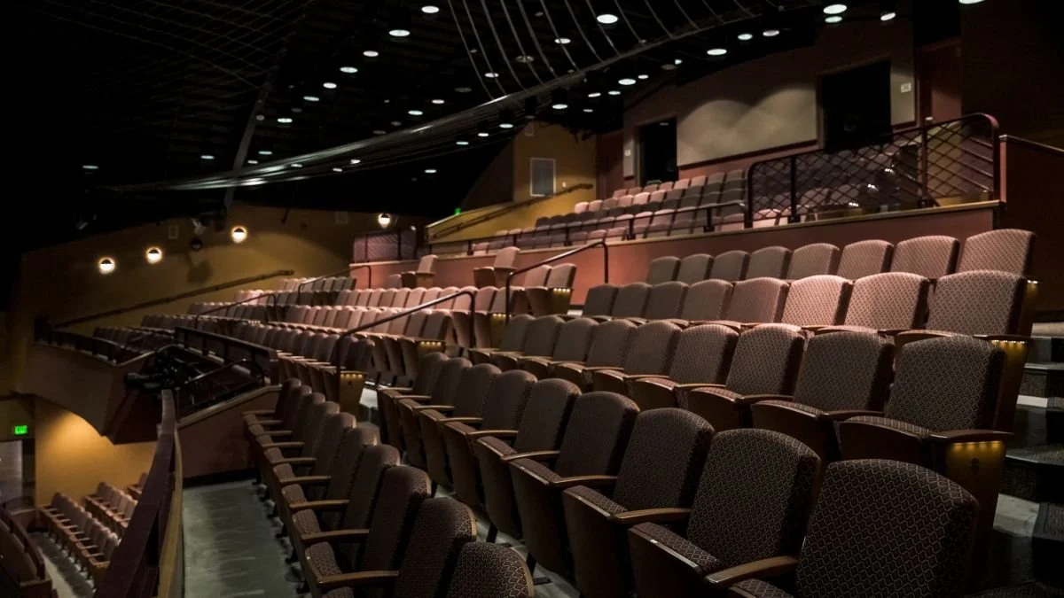 Empty theater with multiple rows of plush, dark-colored seats and a dark ceiling with lighting.