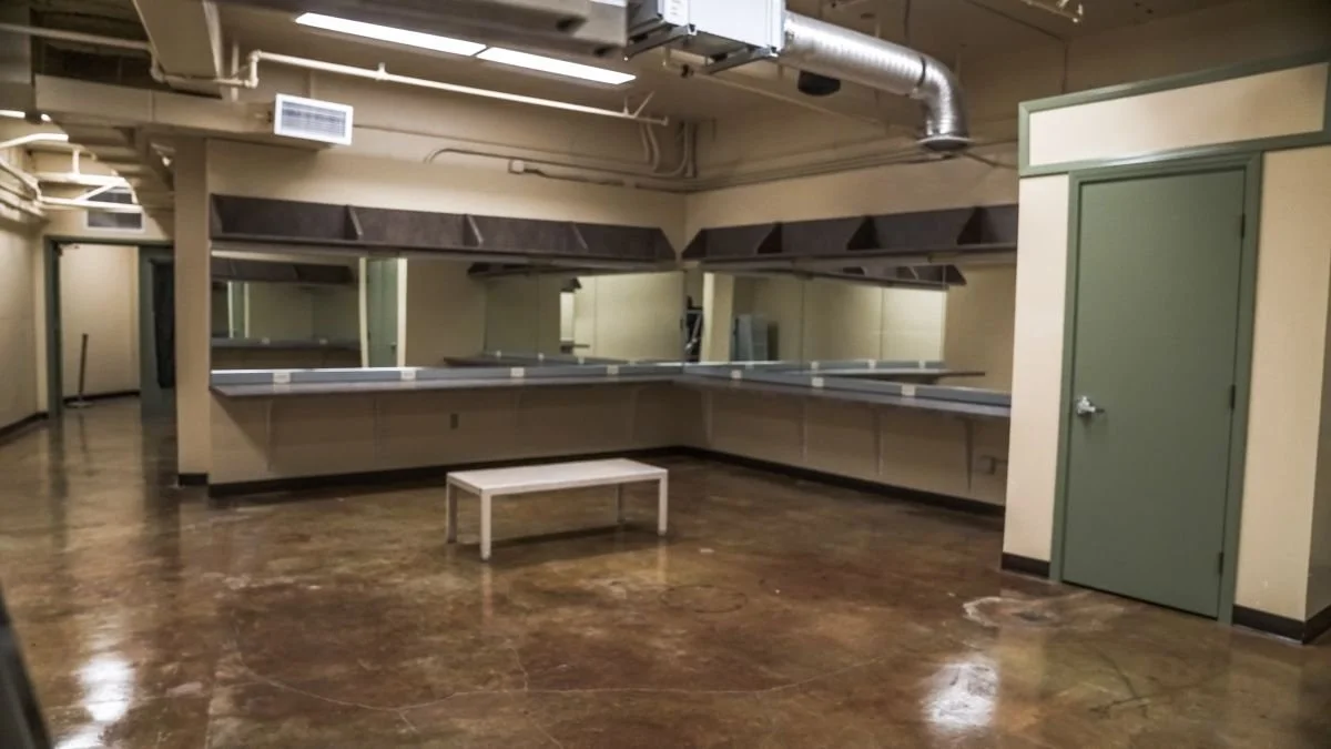 Empty kitchen or cafeteria with a long counter, mirror, small white table, green door, and ductwork on the ceiling.