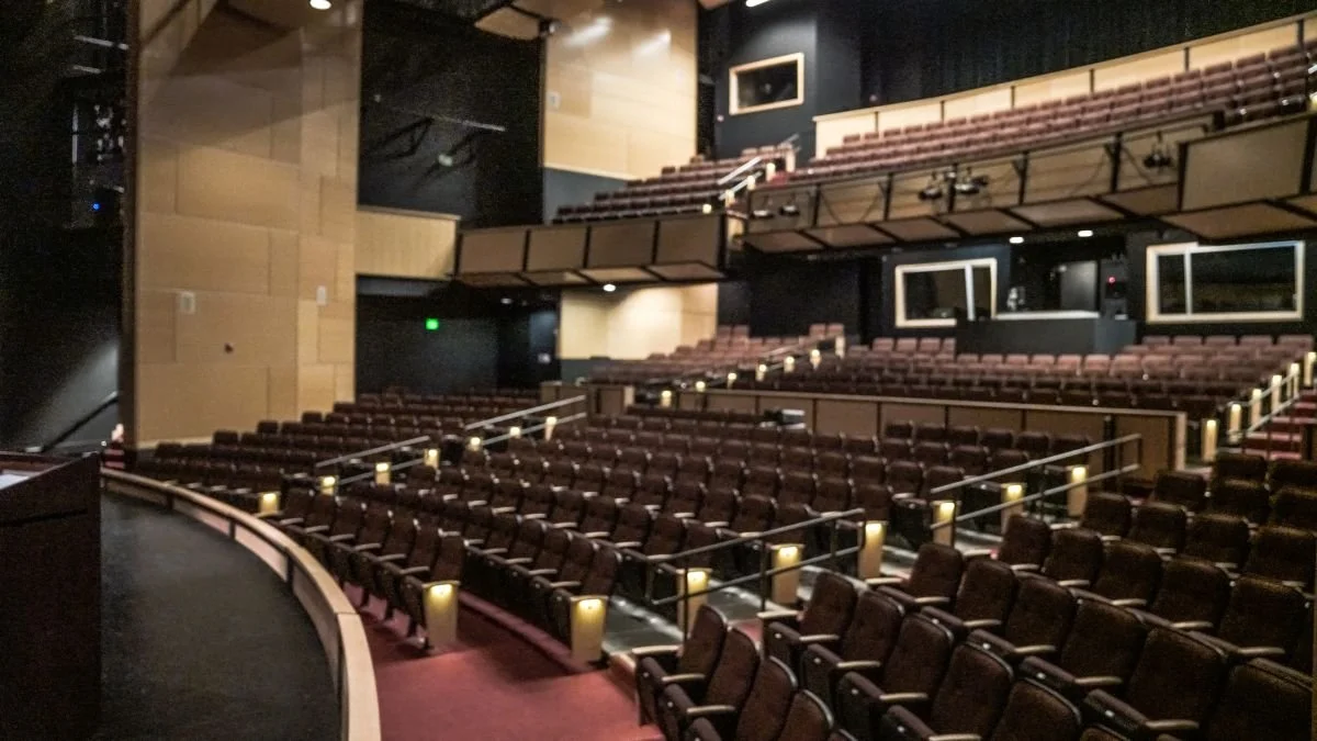 Empty theater with multiple rows of seats, some with armrests, and dimmed lighting along the aisles.