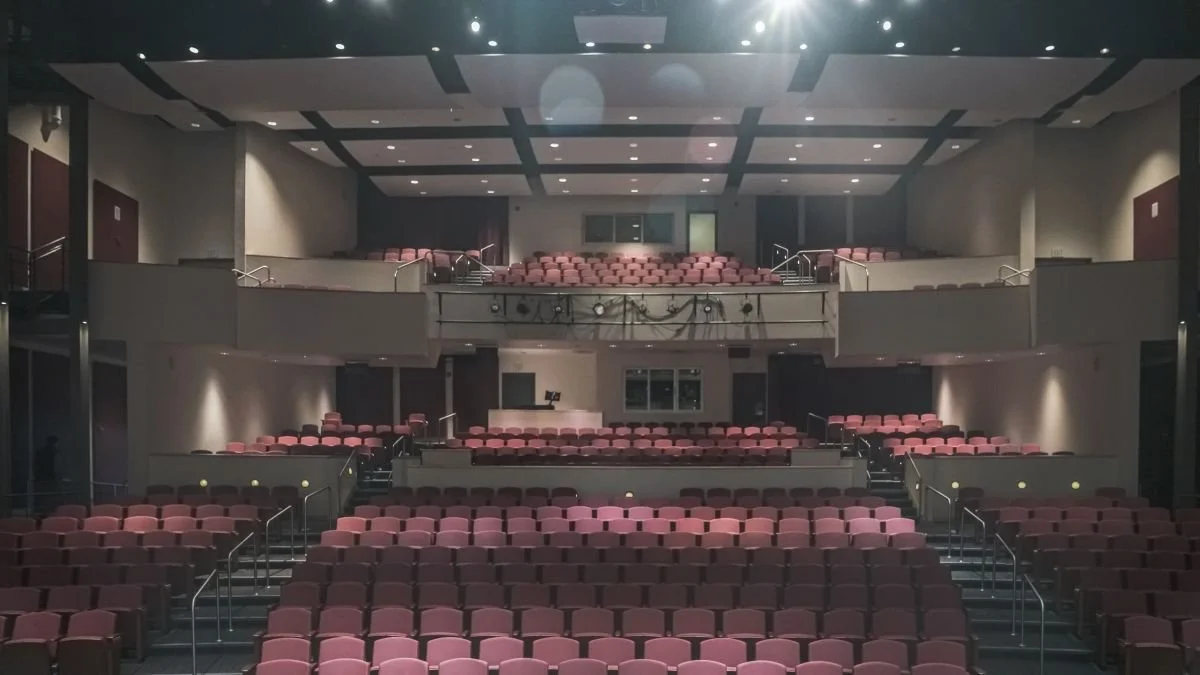 Empty auditorium with pink seats, multiple levels, dim lighting, and a stage area at the front.