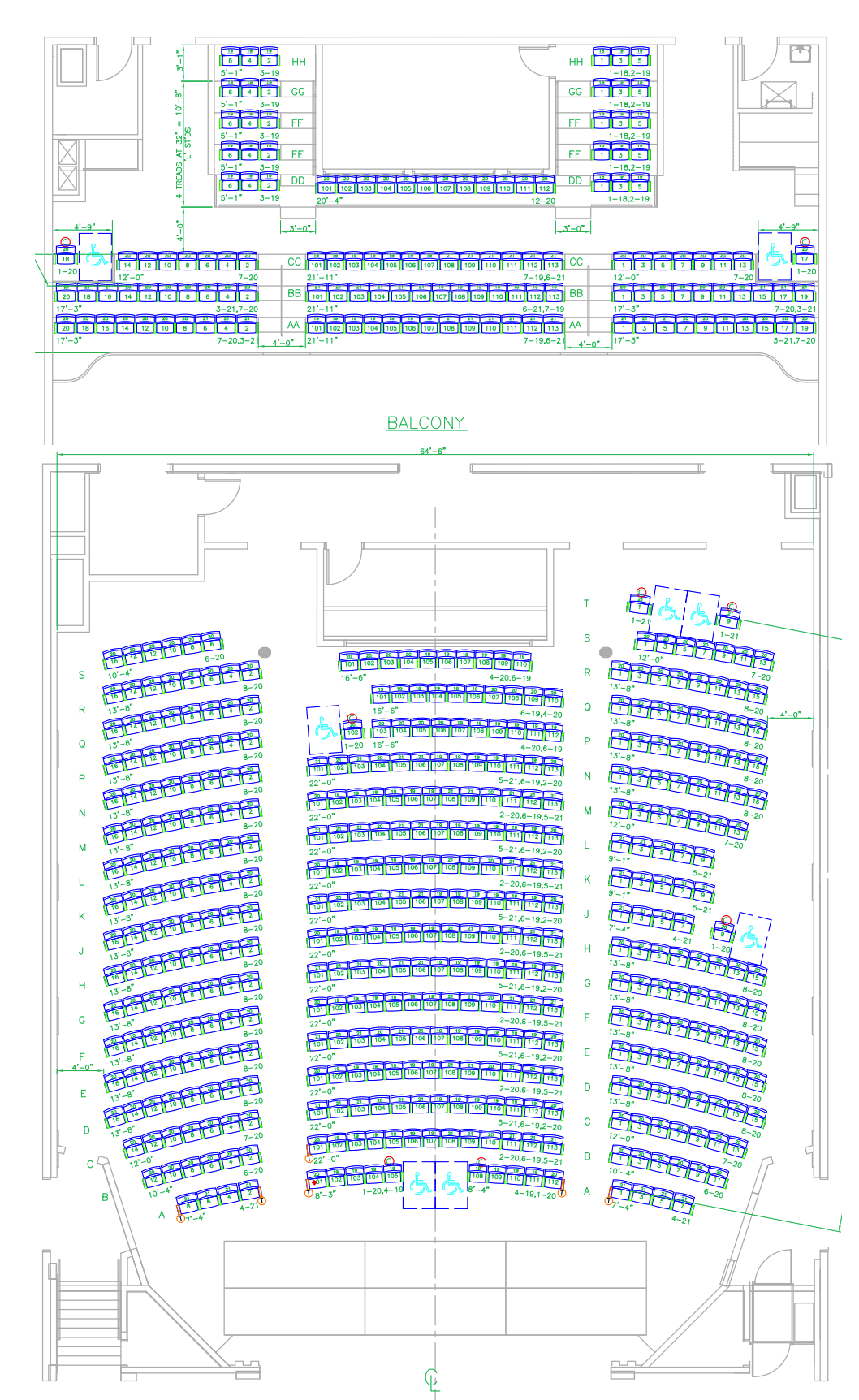 Architectural seating plan of an auditorium with labeled sections, rows, seats, and accessible seating areas, including balcony, stage, and entry points.