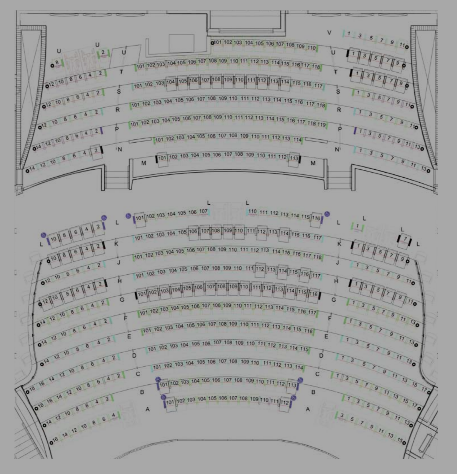 A detailed seating chart of a large auditorium or theater with labeled sections and numbered seats, including stairs and passageways.