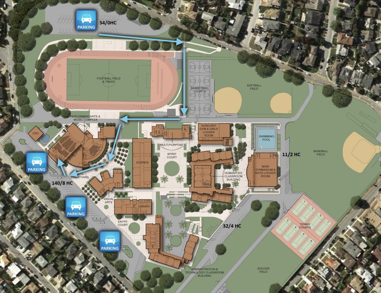 A detailed school campus map shows various sports fields, classrooms, and parking areas with blue icons indicating parking locations and route arrows guiding through the campus.