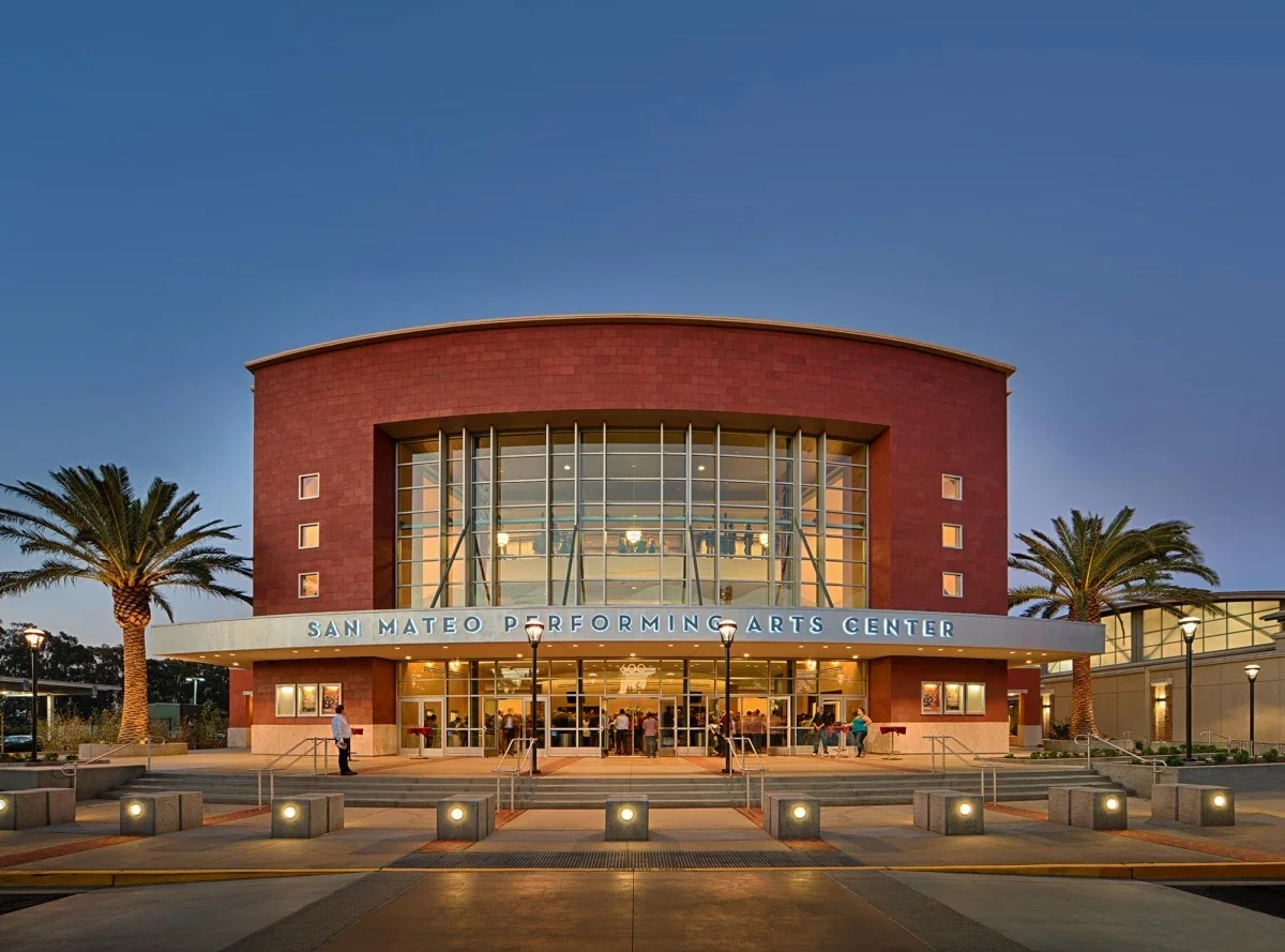 The San Mateo Performing Arts Center at dusk with a modern building featuring large glass windows, palm trees on each side, and people entering and outside the building.