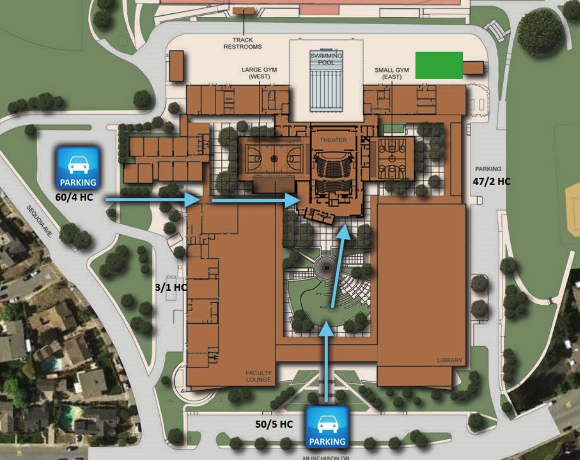 Campus map showing parking areas near a large building with a gym, pool, theater, library, and faculty lounge, along with surrounding greenery.
