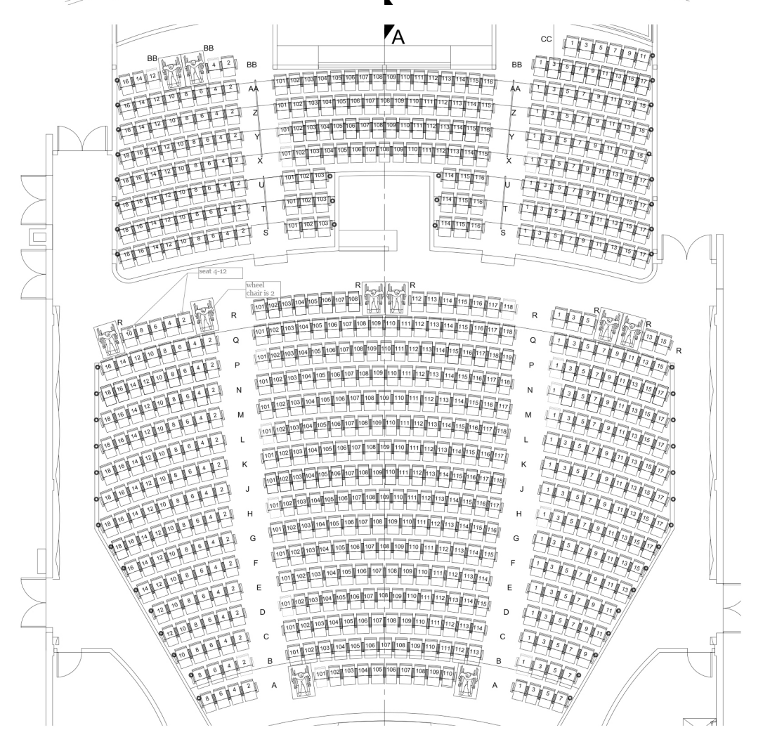 Concert hall seating chart with arrangement of seats, aisles, and entrances.