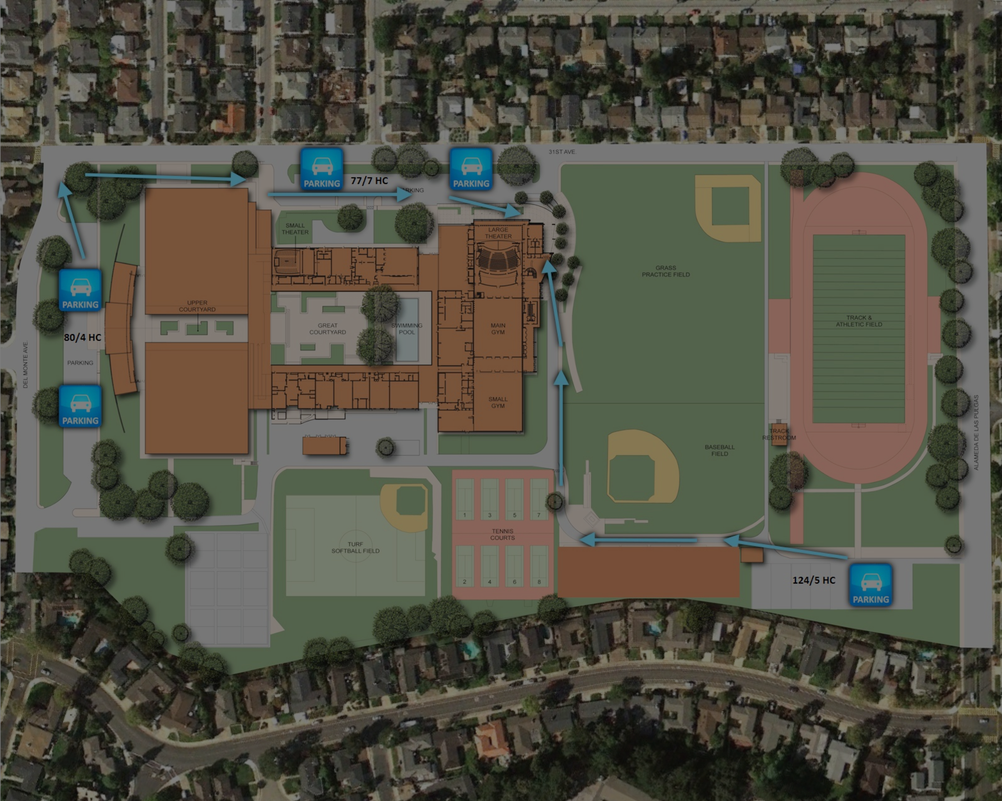 A detailed layout map of a school campus showing parking areas, sports fields, tennis courts, gymnasiums, an auditorium, a courtyard, and walkways marked with directional arrows.