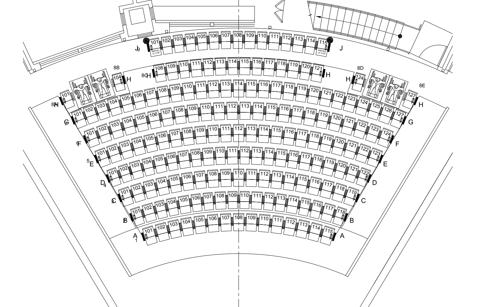 Detailed seating chart of an amphitheater with rows labeled A to J and seats numbered sequentially in each row. There are two sections at the back with individual numbered boxes, some with illustrations of chairs, likely indicating specific seating or box areas.