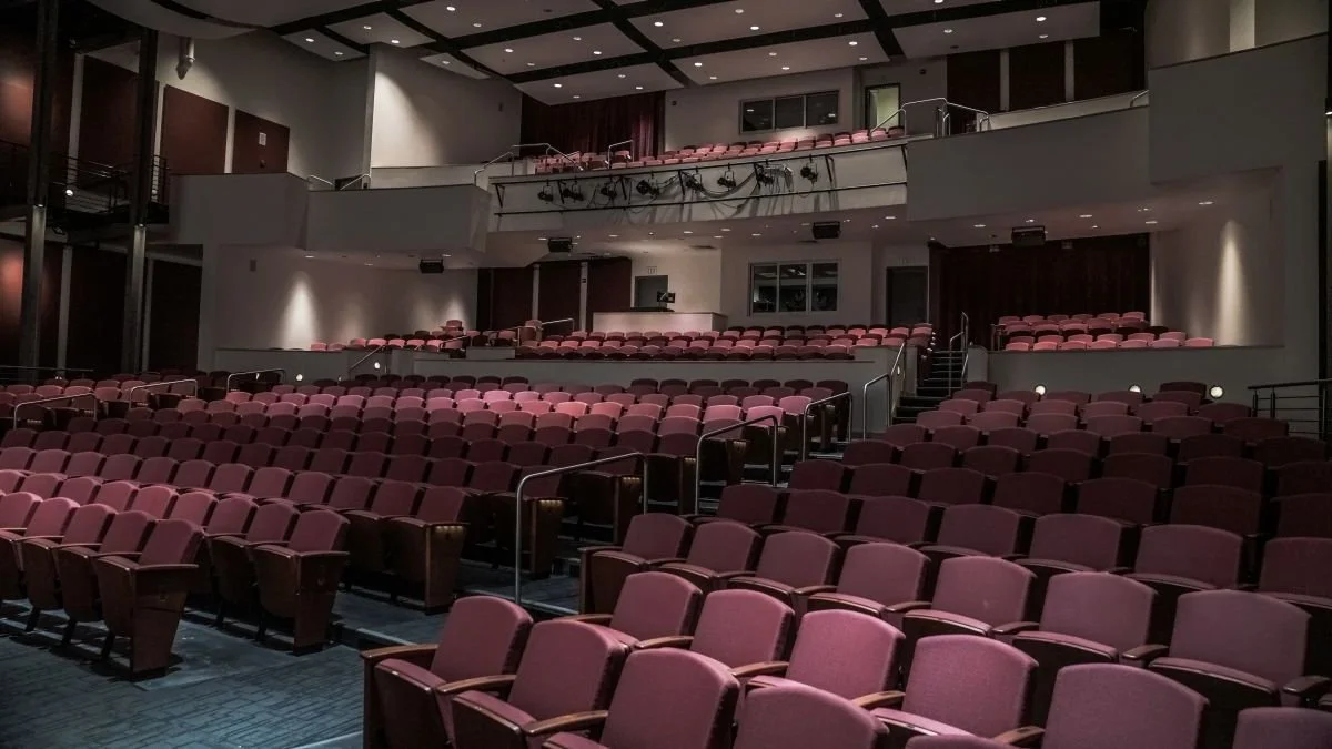 Empty theater with pink upholstered seats and multiple levels of seating.