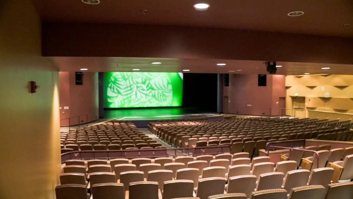 Empty auditorium with rows of seats facing a stage with a green-lit backdrop featuring a leaf pattern.