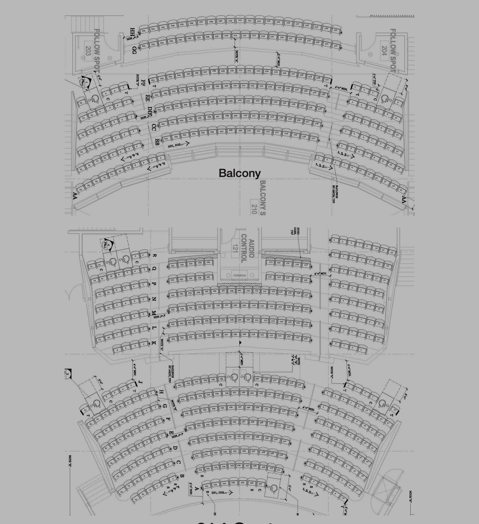 Architectural blueprint of seating arrangement in a theater or auditorium, including balcony, auditorium, and stage area, with detailed rows and sections labeled.