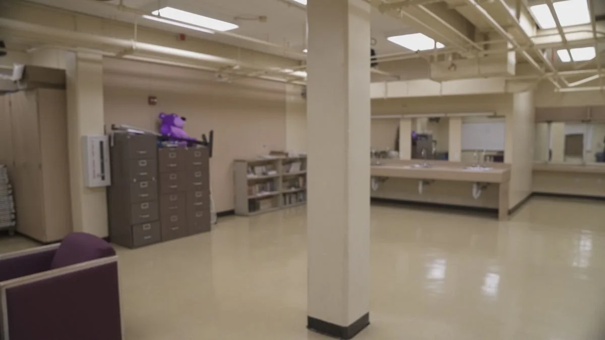 Empty room with beige walls and ceiling, scattered furniture, purple stuffed animal on a filing cabinet, and empty counters.