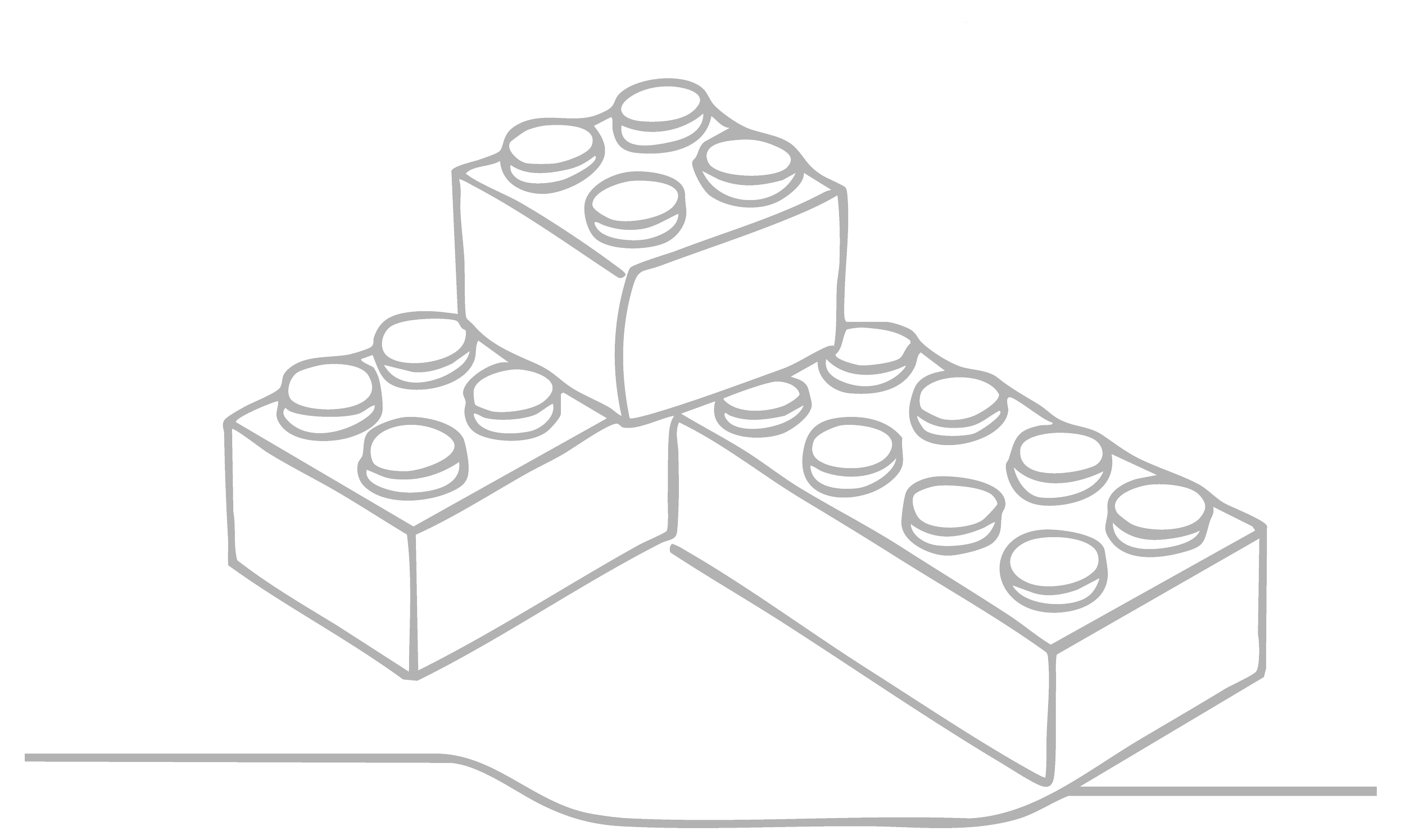 Line drawing of three toy building blocks stacked together, with circular studs on top, on a flat surface.