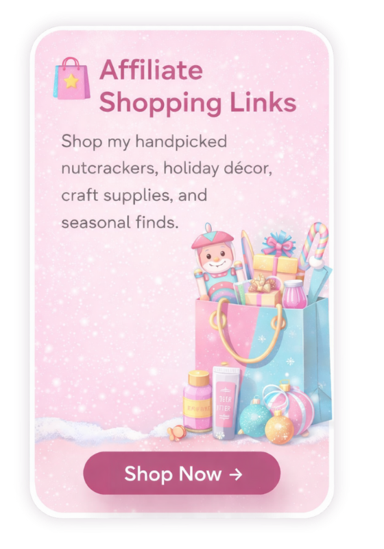 Pink background transition with snow and holiday elements, featuring a pink shopping bag filled with toys and gifts, surrounded by holiday-themed decor. Text promotes affiliate shopping links for holiday and craft supplies, with a call-to-action button labeled 'Shop Now'.