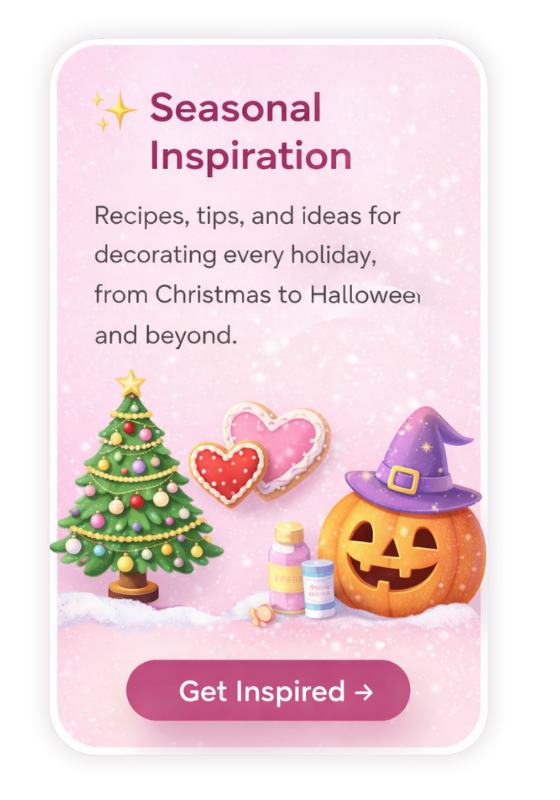 Pink promotional graphic with holiday decorations including a decorated Christmas tree, decorated cookies, and a carved pumpkin with a purple witch hat. Text promotes seasonal inspiration for holiday decorating ideas.