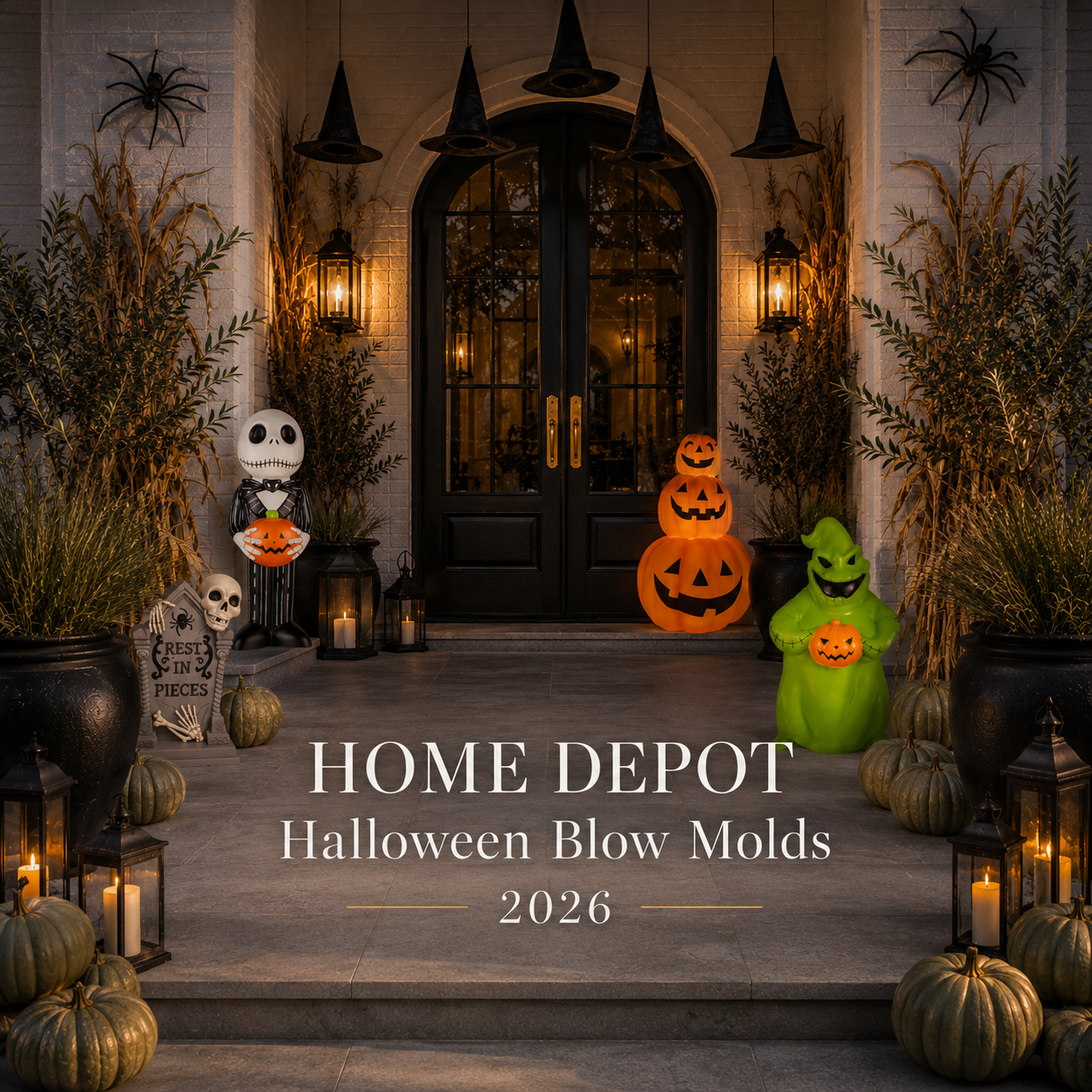 Home Depot Halloween Blow Molds 2026 luxury porch display featuring collectible Halloween blow molds, black lanterns, floating witch hats, heirloom pumpkins, and upscale fall décor on a white brick home at dusk.