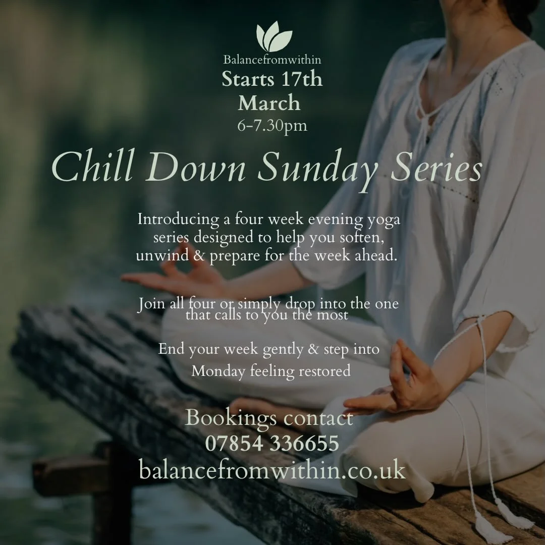 Chill Down Sunday 🌙

Unwind, release, and reset with my new Chill Down Sunday series. A gentle evening yoga session held over four weeks to help you let go of the week just gone and prepare your mind and body for the one ahead.

Our first session be