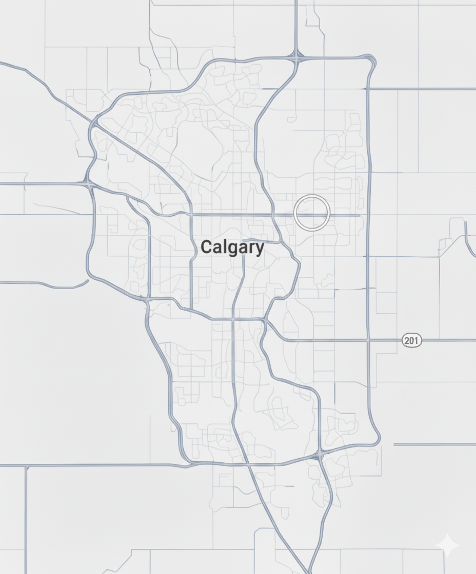 Map of Calgary with roads and city boundaries, showing major highways and streets.