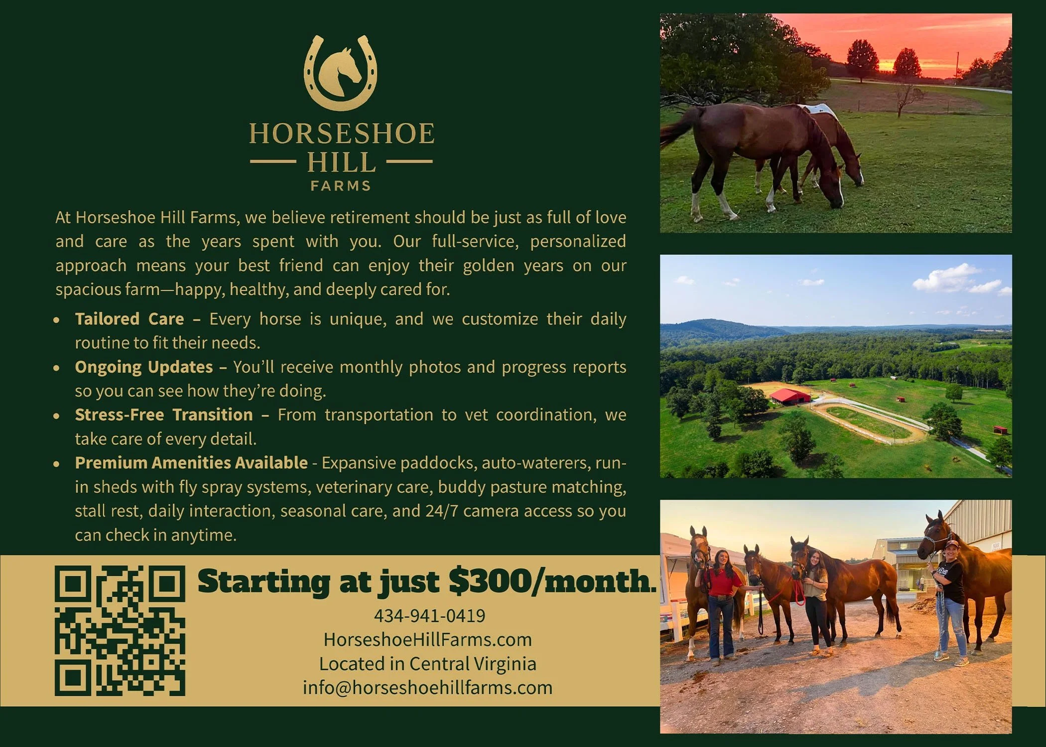 Advertisement for Horseshoe Hill Farms highlighting their care services for horses, with images of horses grazing and socializing, a scenic farm view, and farm staff with horses at sunset.