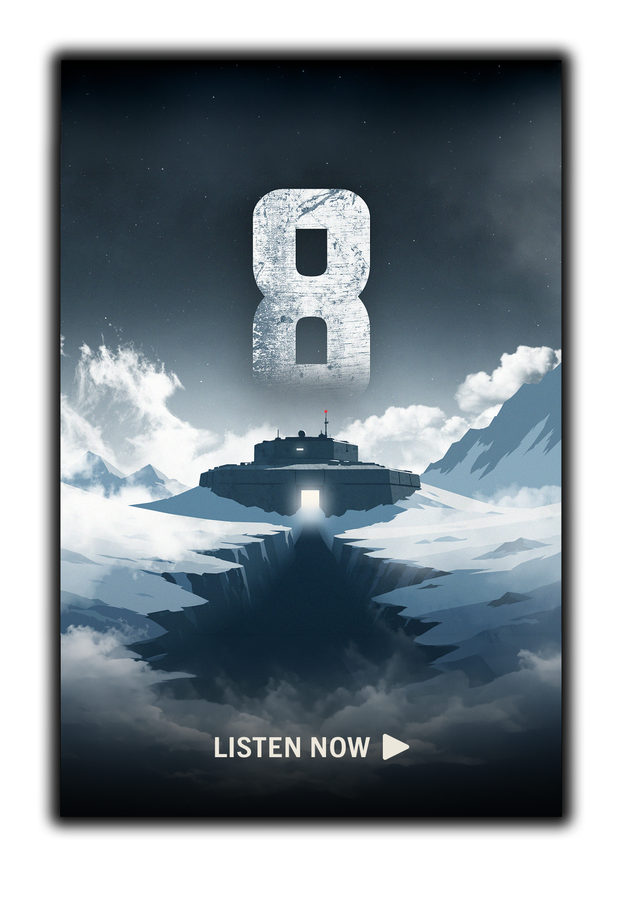 Bunker 8 audio drama poster: a military bunker in snowy Antarctic mountains beneath a giant icy number 8.