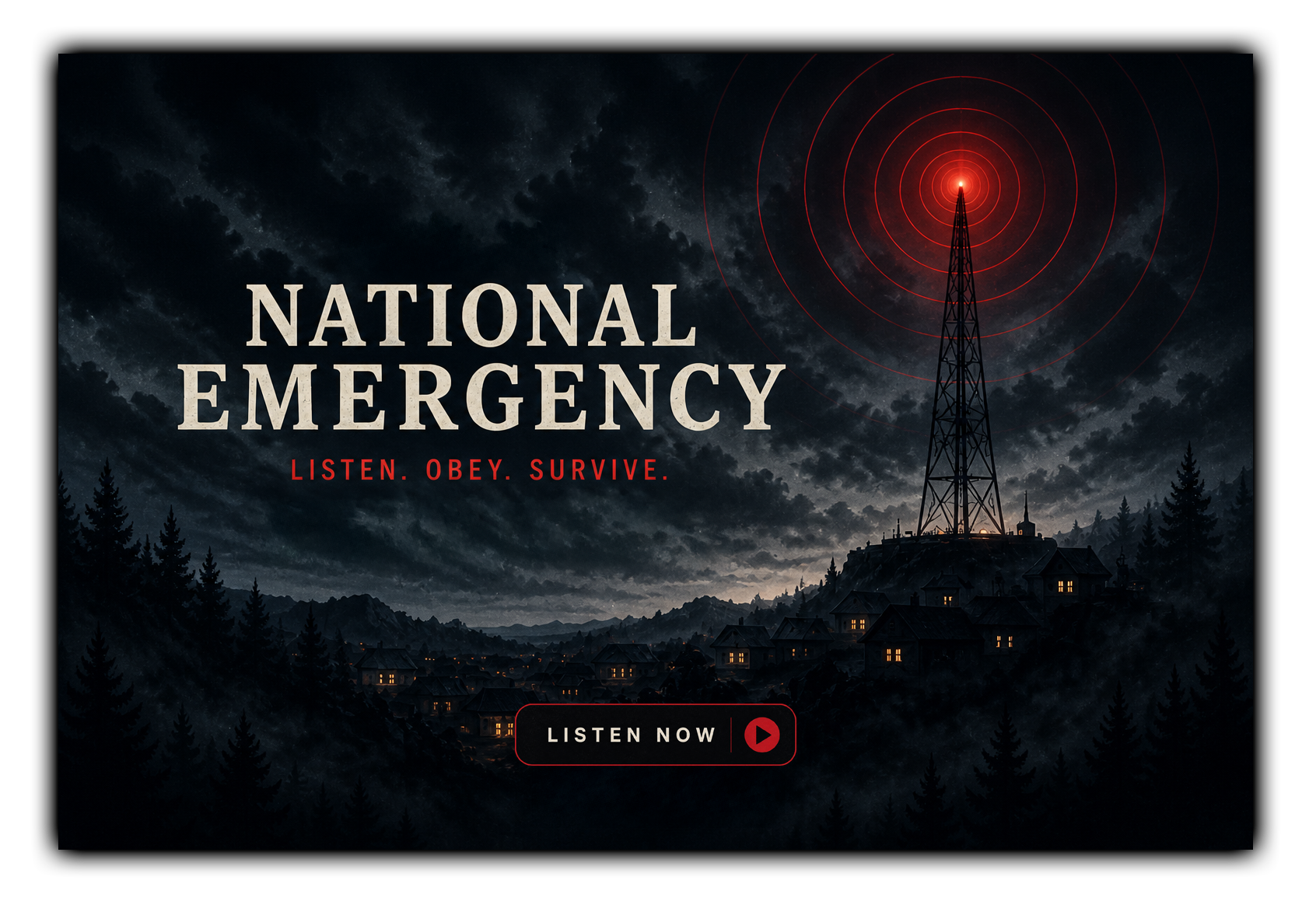 Nighttime scene with a radio tower emitting radio waves, cloudy sky, silhouette of mountains and trees, houses with illuminated windows, and a red play button on a black button with the text 'Listen Now'.