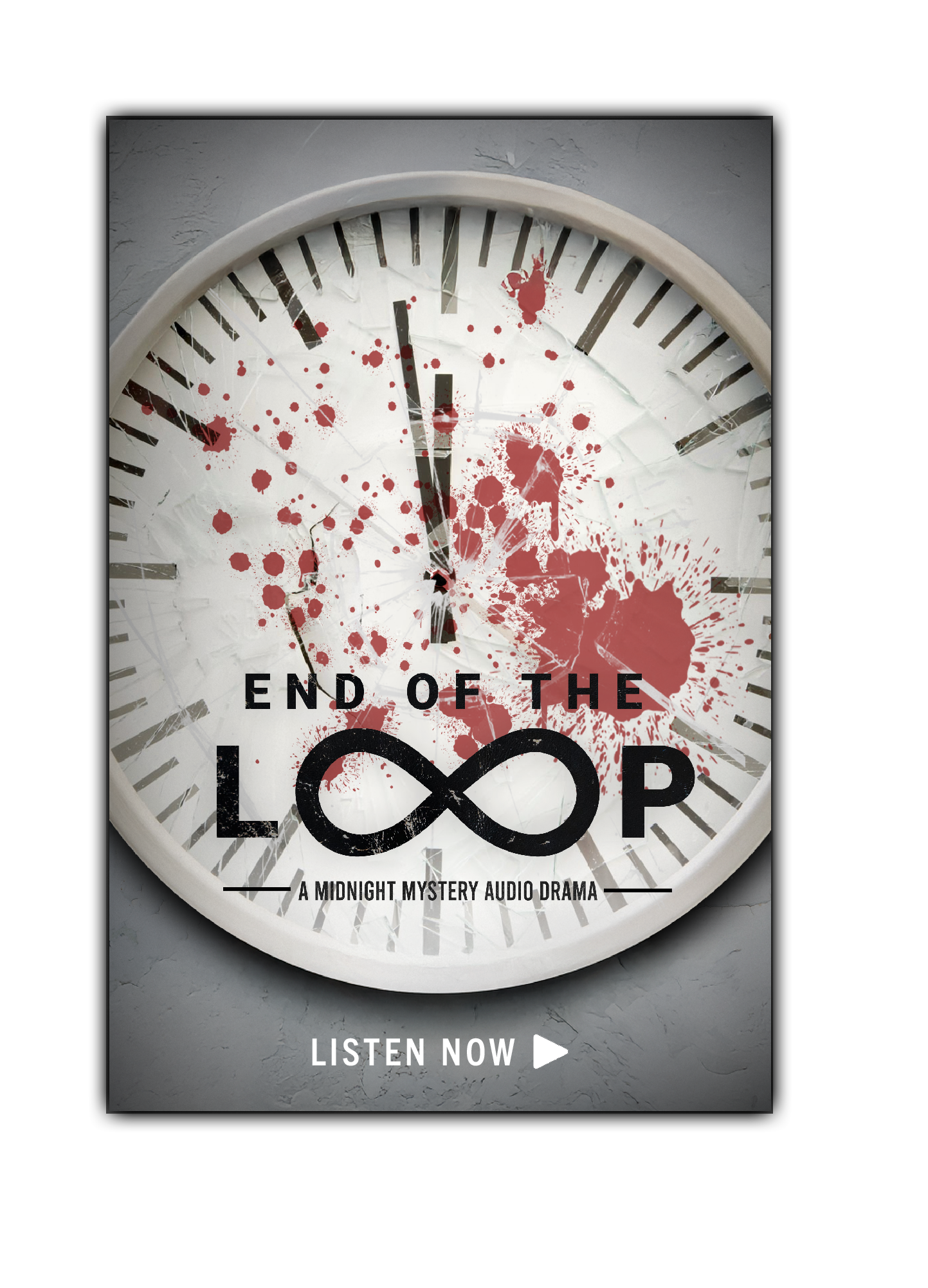 A clock with blood splatters and cracks, displaying the time at almost midnight. The text on the image reads 'End of the Loop', 'A Midnight Mystery Audio Drama', and 'Listen Now' with a play icon.