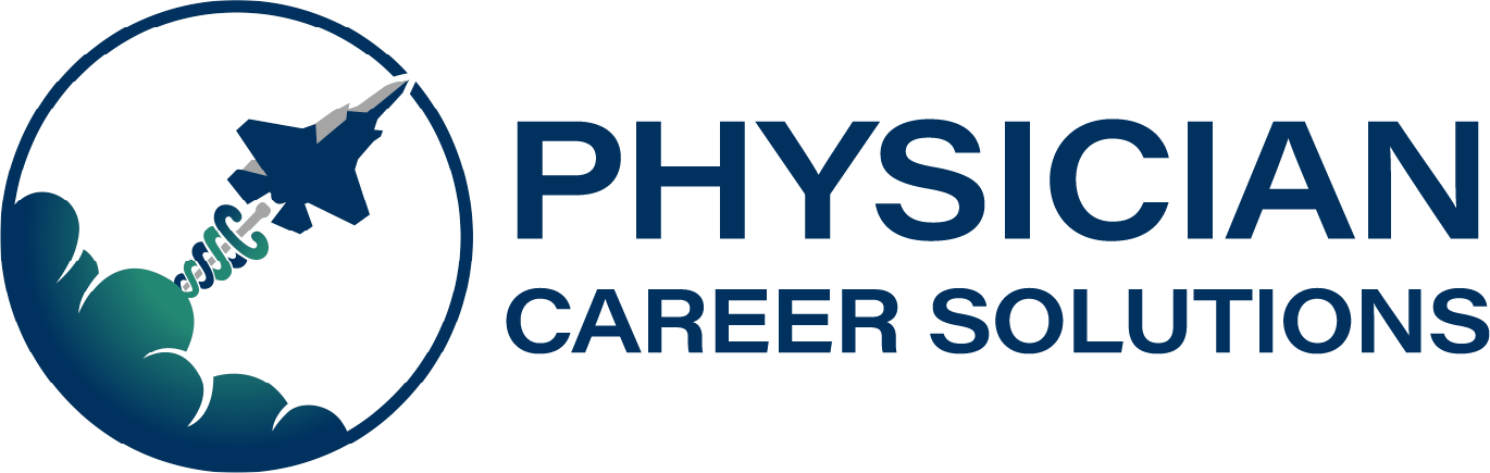 Logo for Physician Career Solutions with a circular emblem featuring a silhouette of a fighter jet, clouds in the background, and the company name in bold navy blue text.