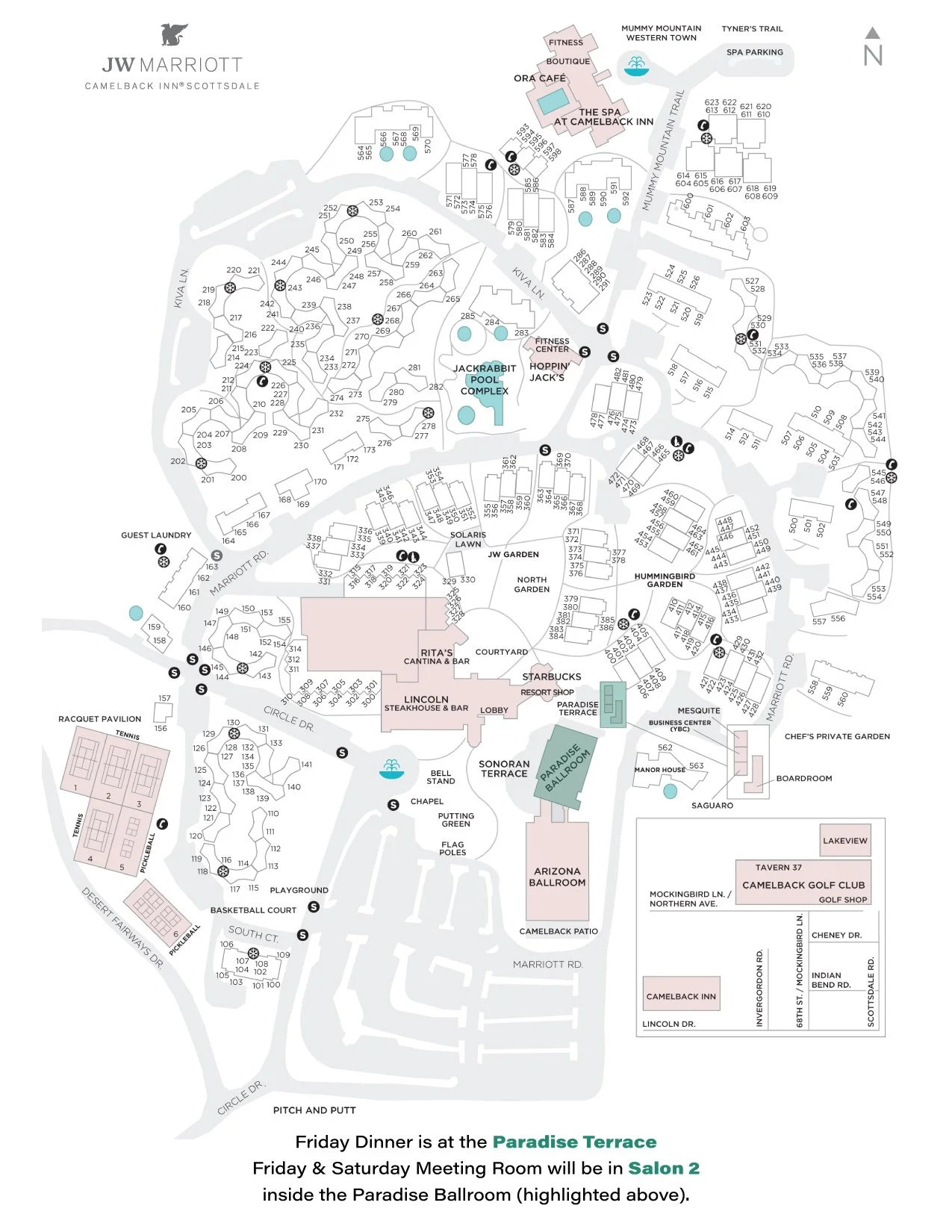 Map of JW Marriott Camelback Inn Scottsdale showing room locations, amenities, and meeting rooms including Paradise Terrace, Salon 2, and the Paradise Ballroom.