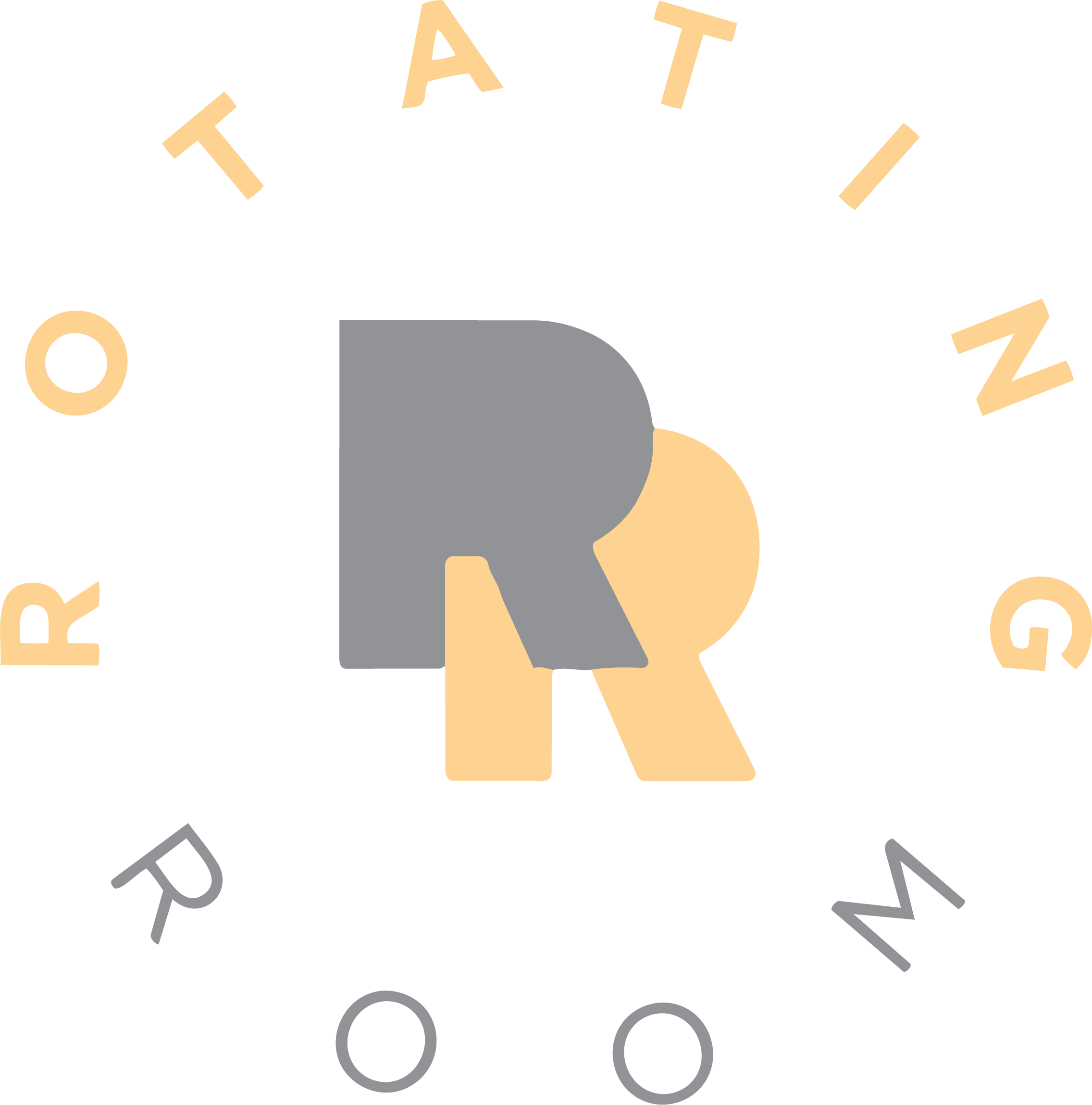 Logo featuring a stylized letter R in gray, beige, and black, surrounded by the text 'Rotating Room' revolving around the icons.