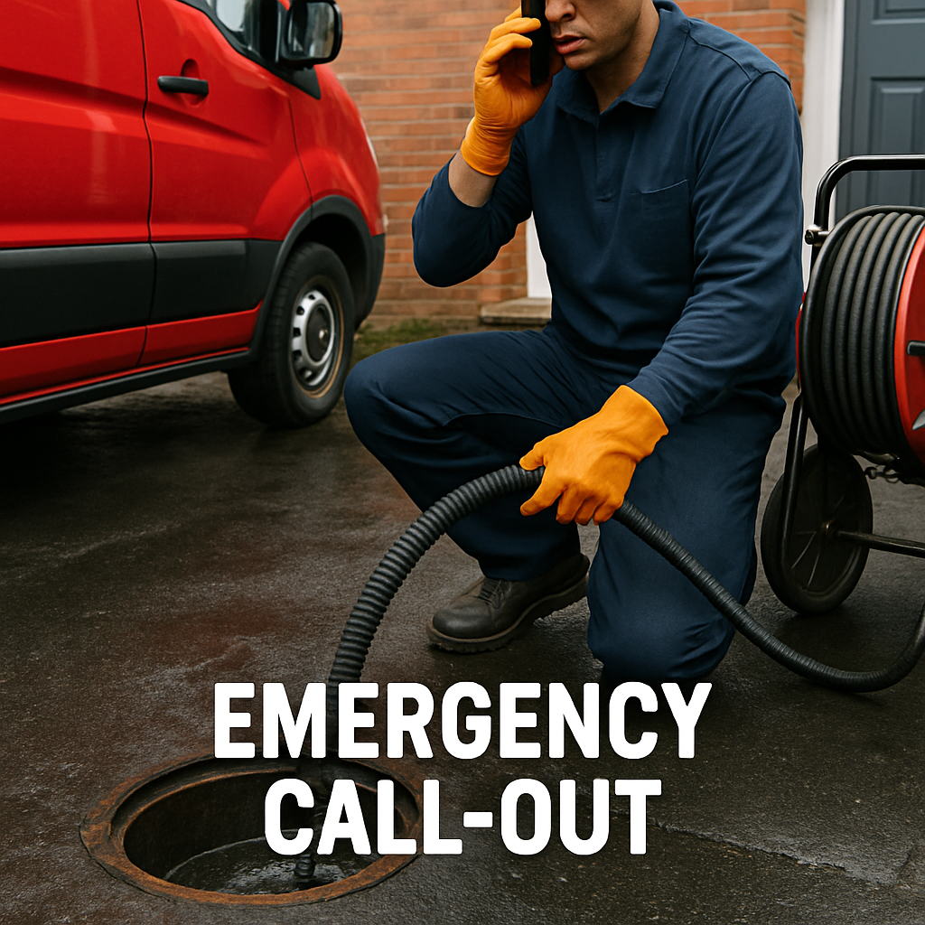 A man in blue work clothes and yellow rubber gloves is kneeling beside an open manhole cover, holding a flexible hose, and speaking on a cellphone. There is a red vehicle in the background and a large cable reel nearby. The image has text that says 'Emergency Call-Out'.