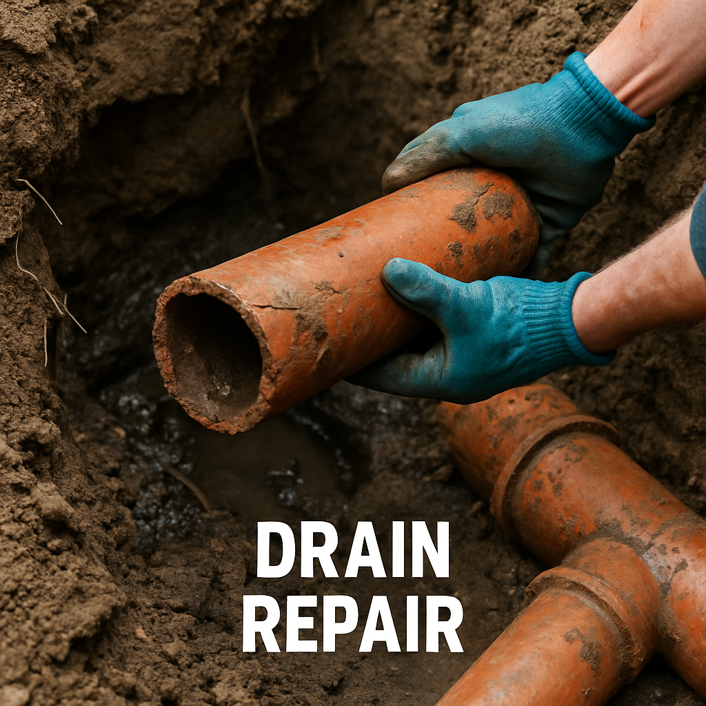 Person in blue gloves installing or repairing an orange sewer pipe in a dirt trench, with the words 'DRAIN REPAIR' overlayed.