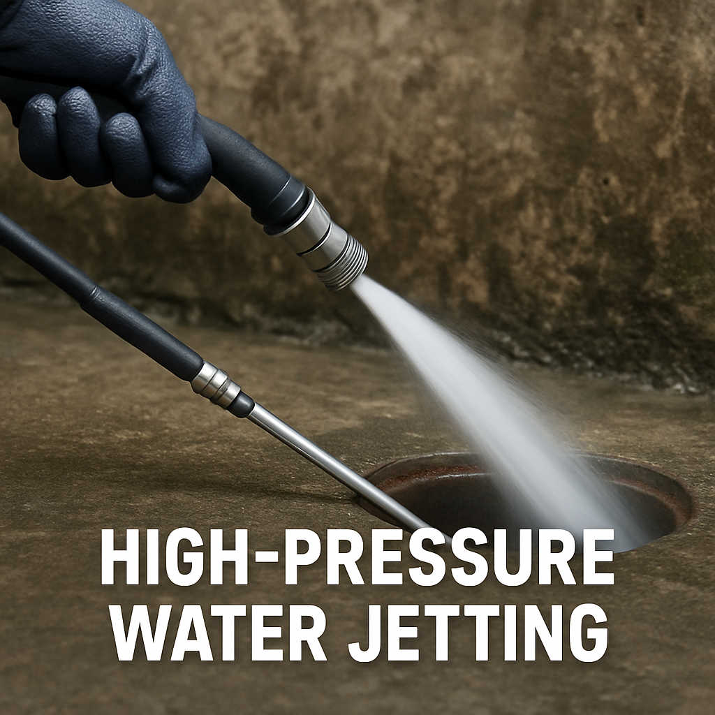 Worker wearing gloves using a high-pressure water jet to clean a drain or sewer opening.