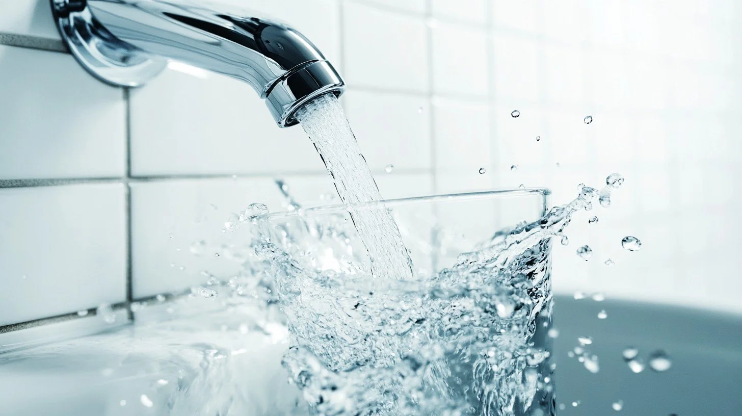 Running water from a faucet into a glass, creating splashes and bubbles.