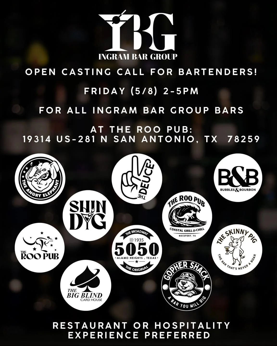 Your next bar job is calling 🍸🔥

Ingram Bar Group is looking for bartenders to join the team &mdash; and we&rsquo;re doing it casting call style 👀

Pull up this Friday, meet the team, and land your spot behind some of the busiest bars in SA

🗓 Fr
