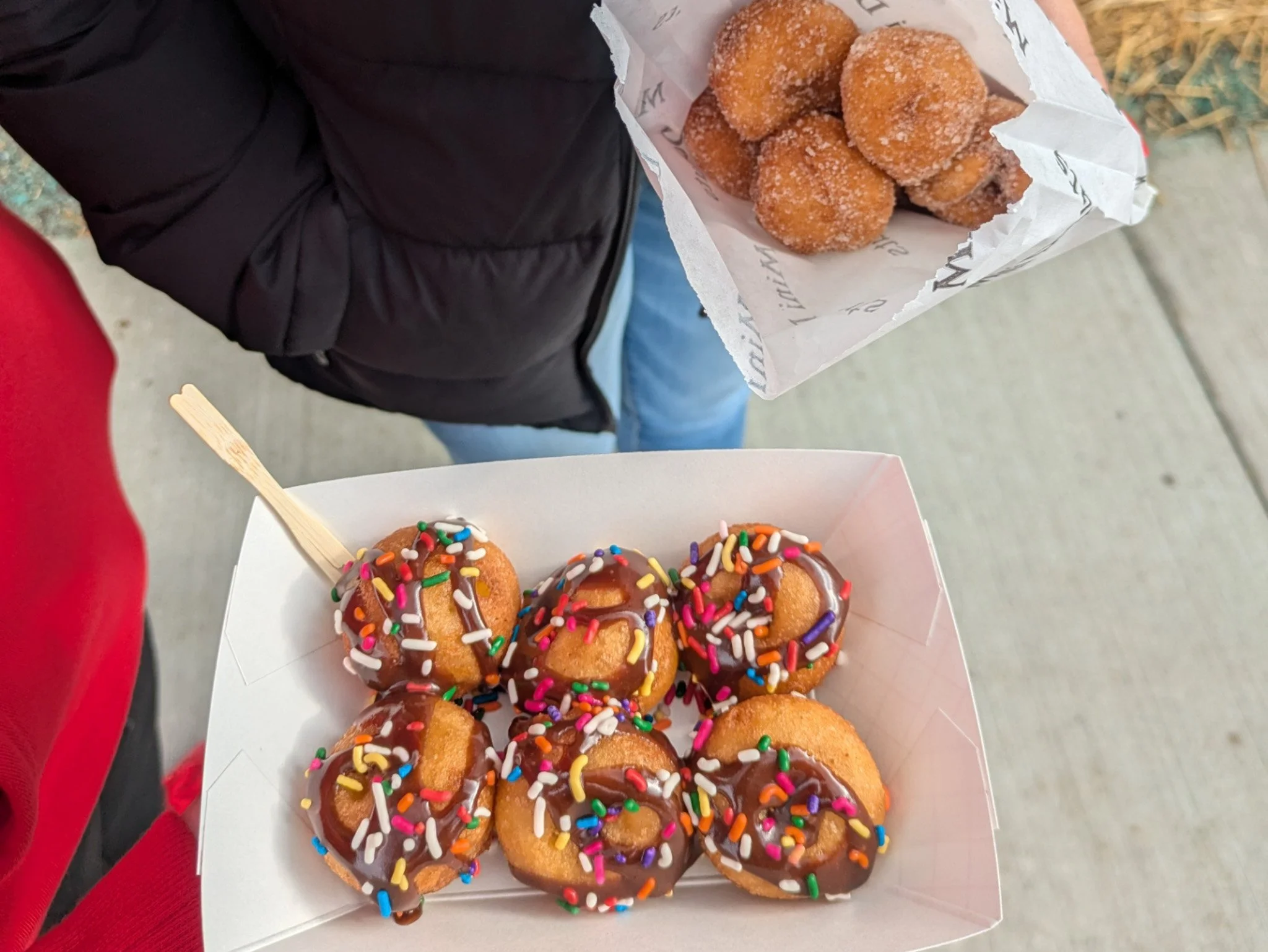 Person holding a paper cone of sugar-coated donuts and a box of mini donuts topped with chocolate glaze and multicolored sprinkles.