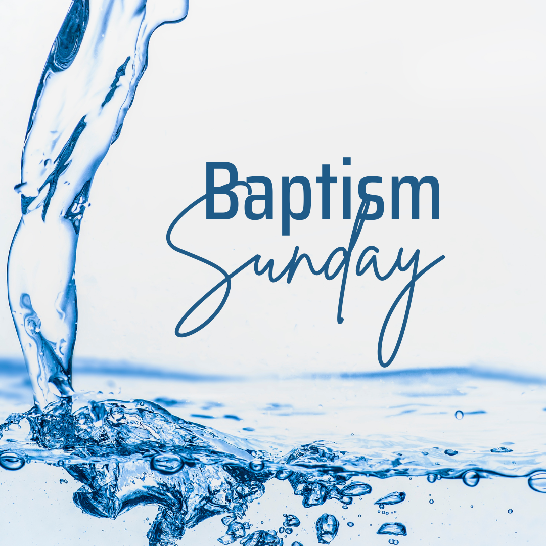 Water pouring into a surface with the text 'Baptism Sunday' written over it.