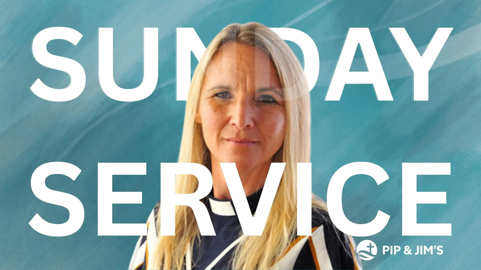 Tandy Ruoff, standing in front of a blue background with the text 'SUNDAY SERVICE' and the logo of Pip & Jim's.