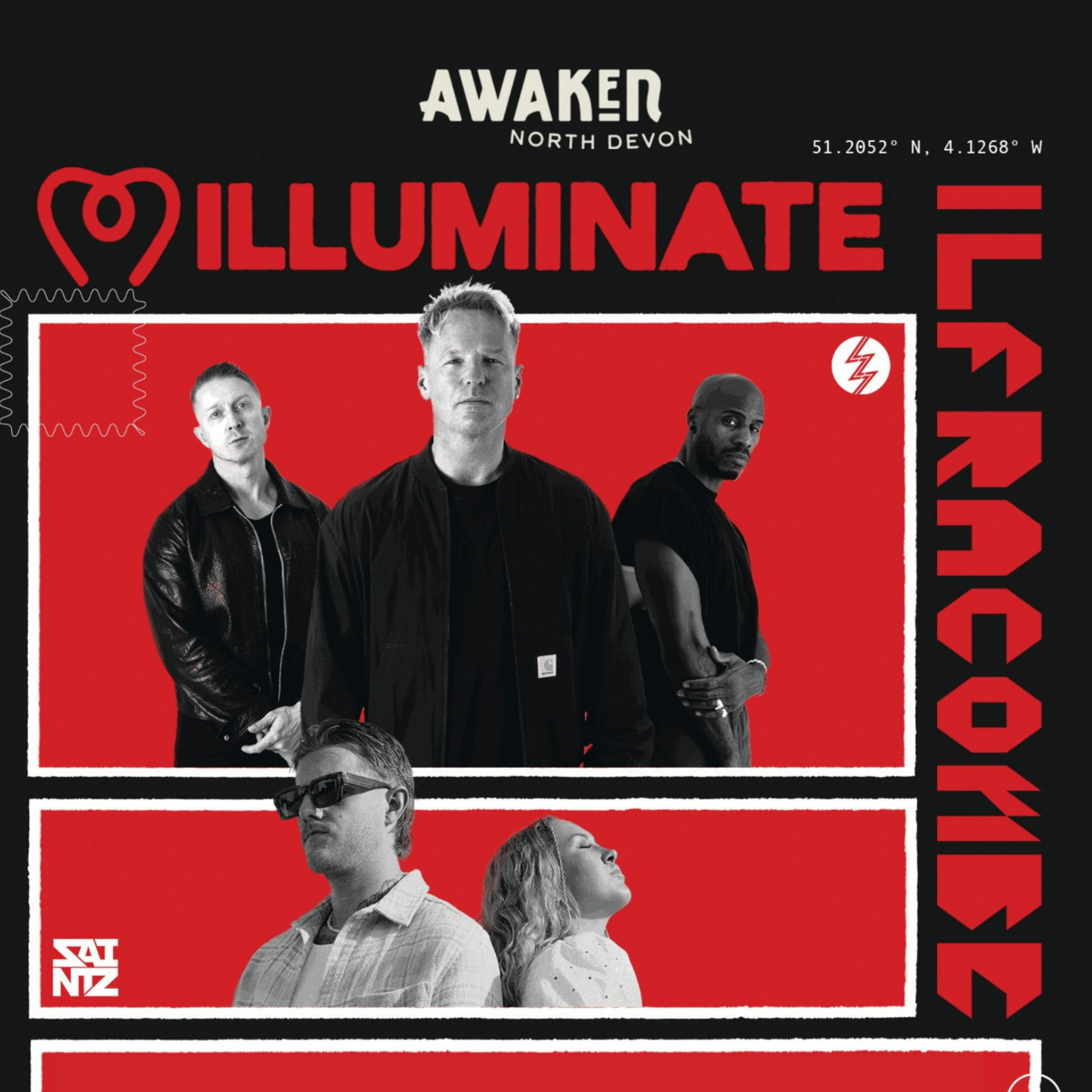 Photo of a promotional poster for the band Awaken from North Devon, featuring three band members with serious expressions against a black and red background, with bold text and graphics.