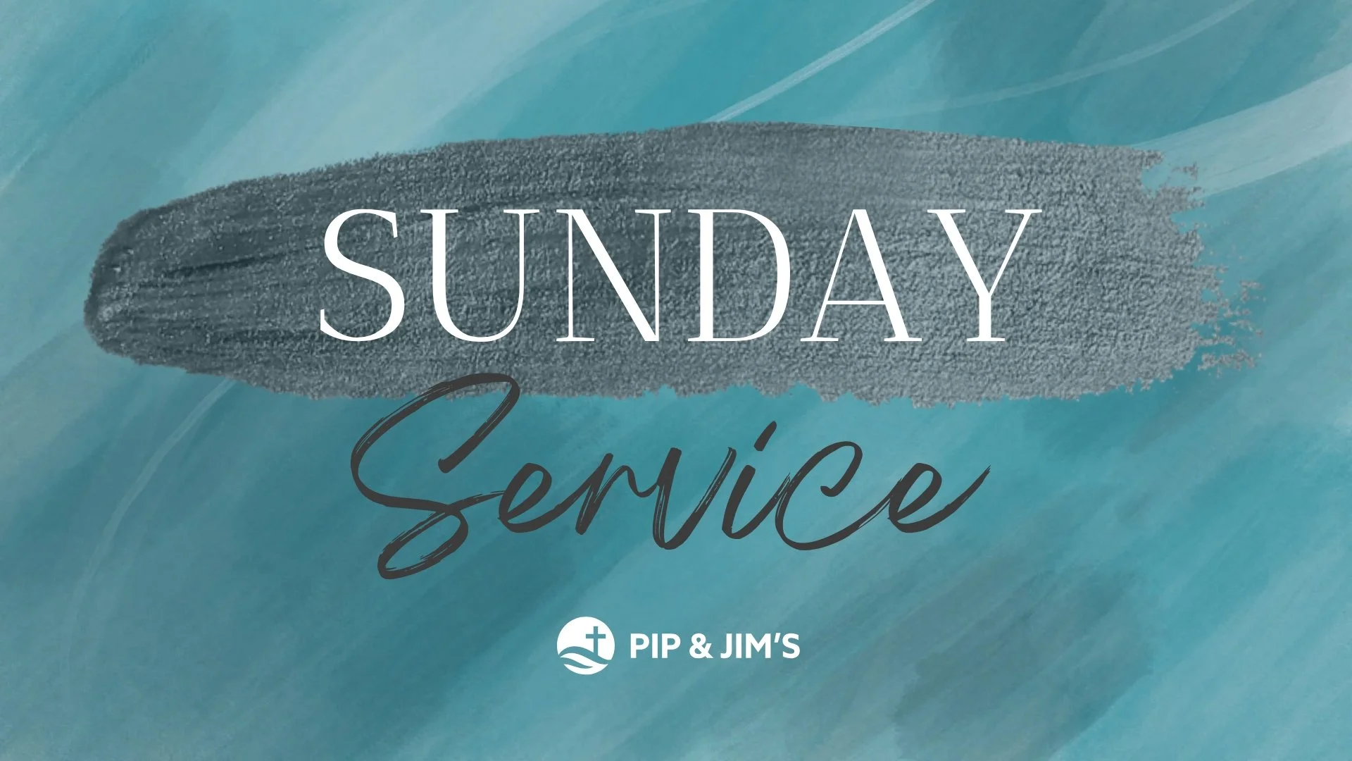 A graphic design with the text 'Sunday' in large white letters and 'Service' in black cursive, set against a blue abstract background with a textured brush stroke and a small logo at the bottom reading 'Pip & Jim's'.