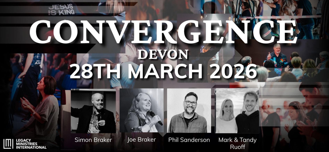 A promotional poster for a religious event called 'Convergence' in Devon on March 28, 2026. The poster features a background collage of people attending a service or gathering, and includes photos of speakers Simon Braker, Joe Braker, Phil Sanderson, and Mark & Tandy Ruoff, with the Legacy Ministries International logo at the bottom left corner.