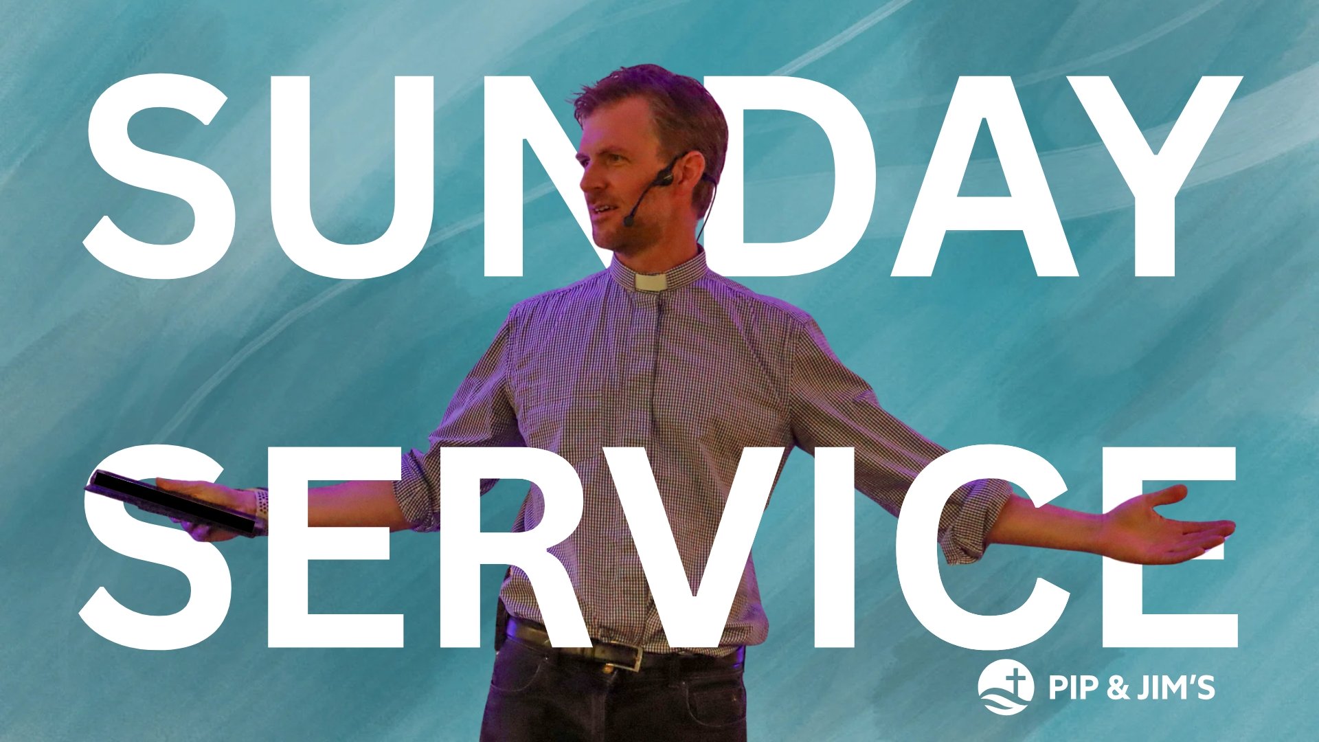 Mark Ruoff, with his arms outstretched. Background displays large white text reading 'SUNDAY SERVICE' and a logo for PIP & JIM'S.