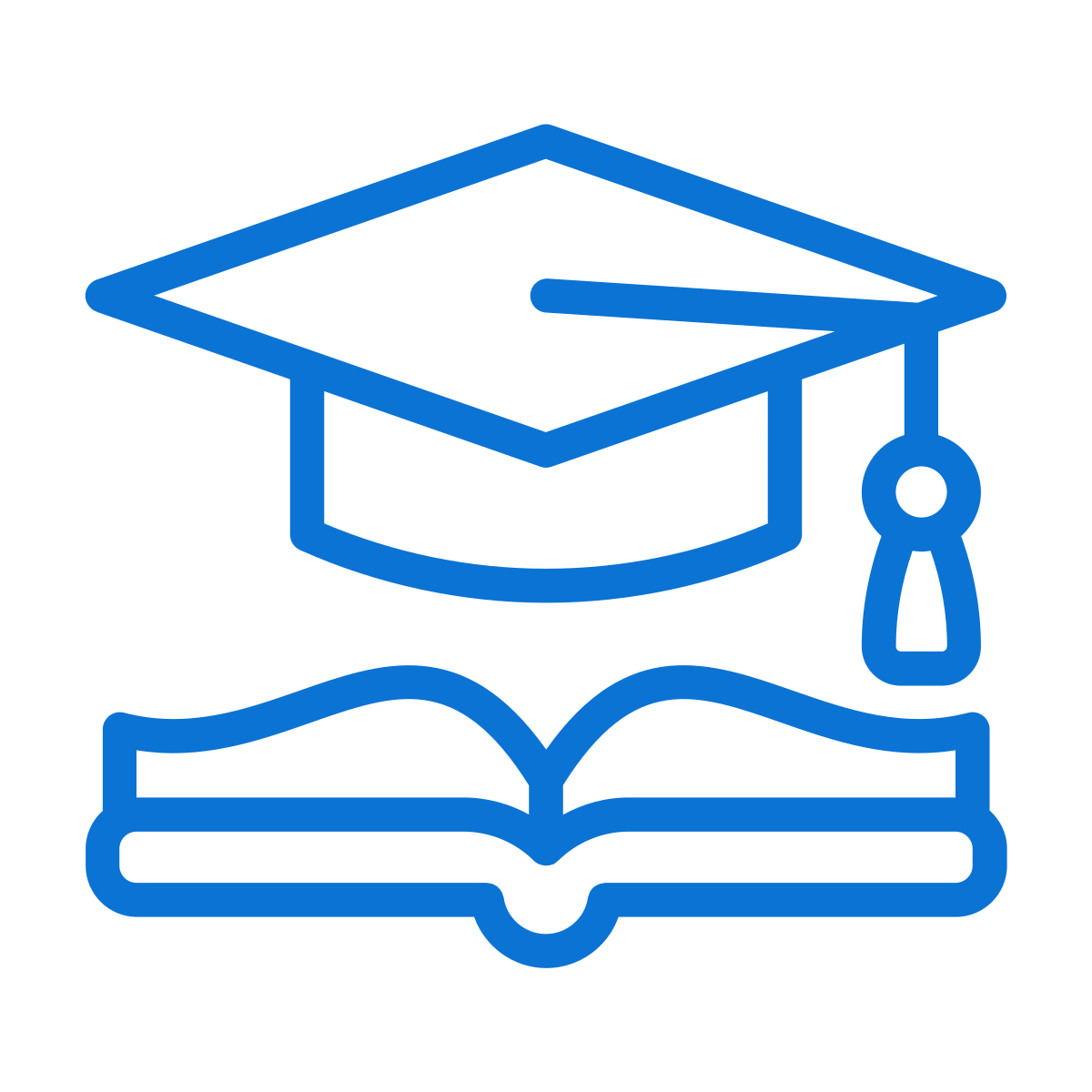 Outline of a graduation cap over an open book with a bookmark on the right side.