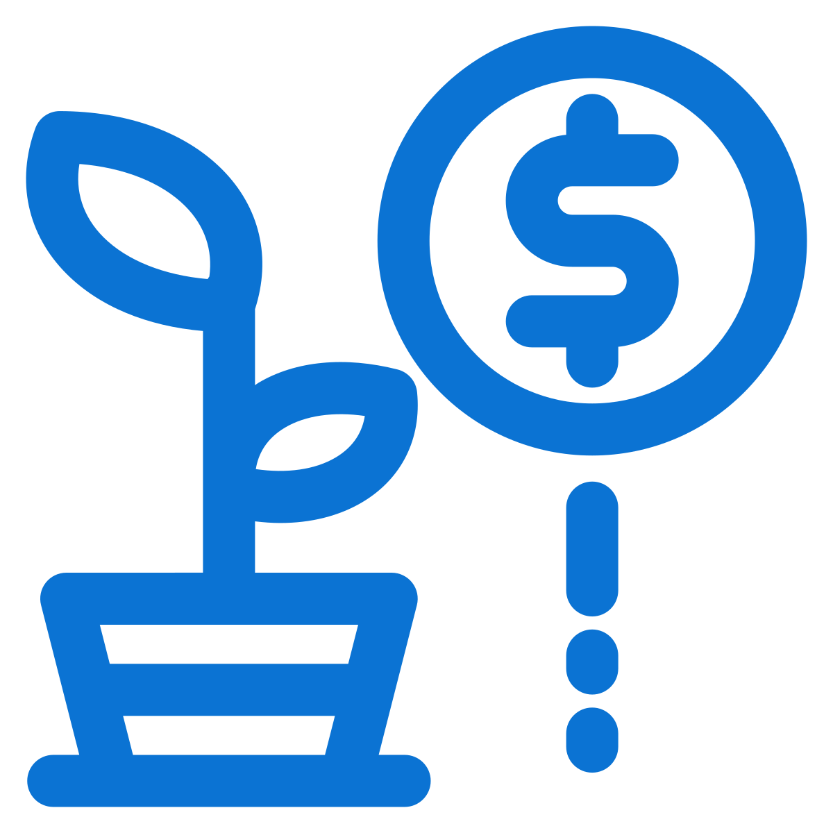 Blue line drawing of a plant in a pot with a dollar sign inside a circle and an exclamation mark below it.