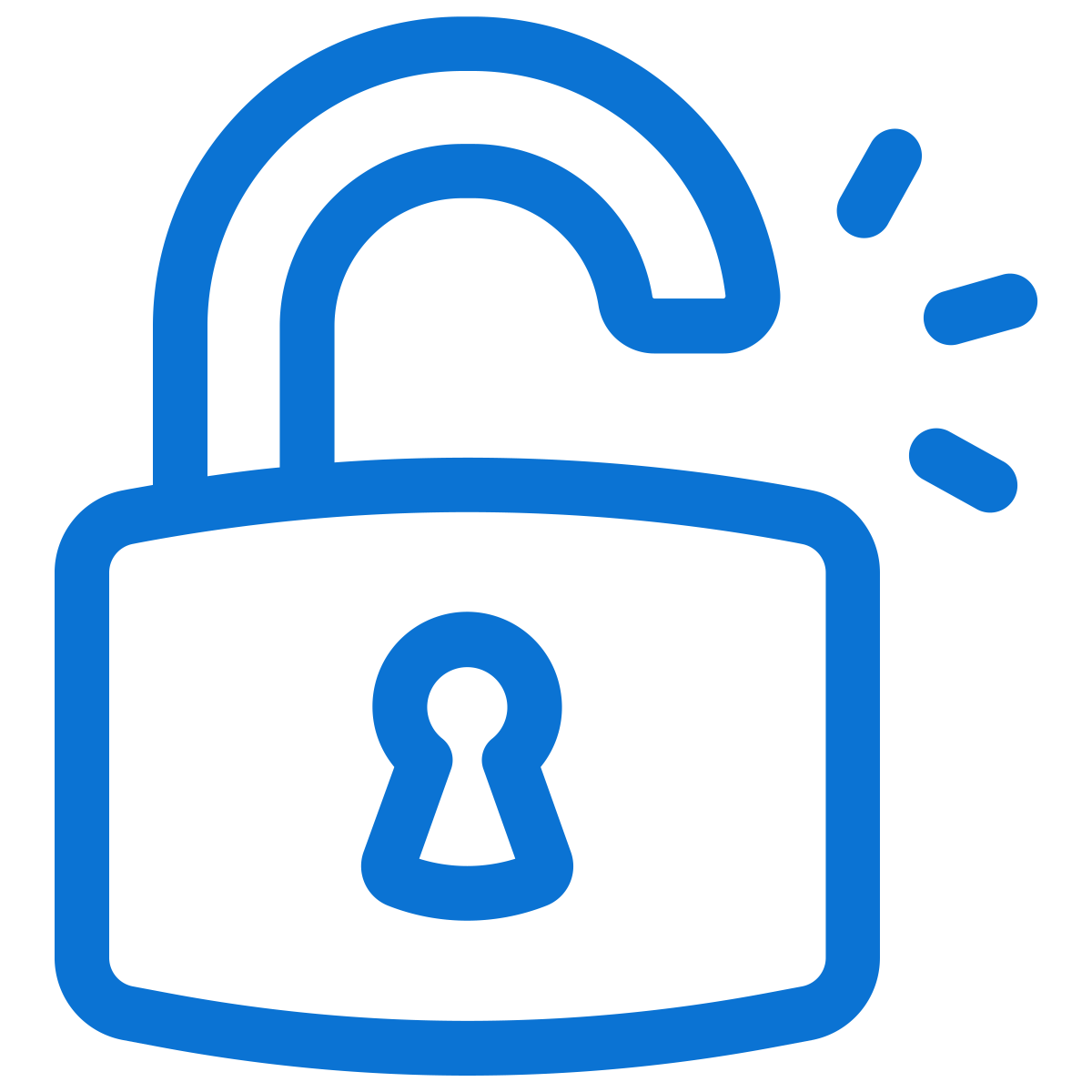Blue icon of an unlocked padlock with sound waves emanating from it, indicating security alert.