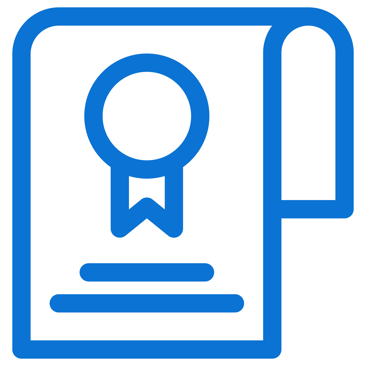 Blue graphic of a book with an award ribbon and certificate icon.