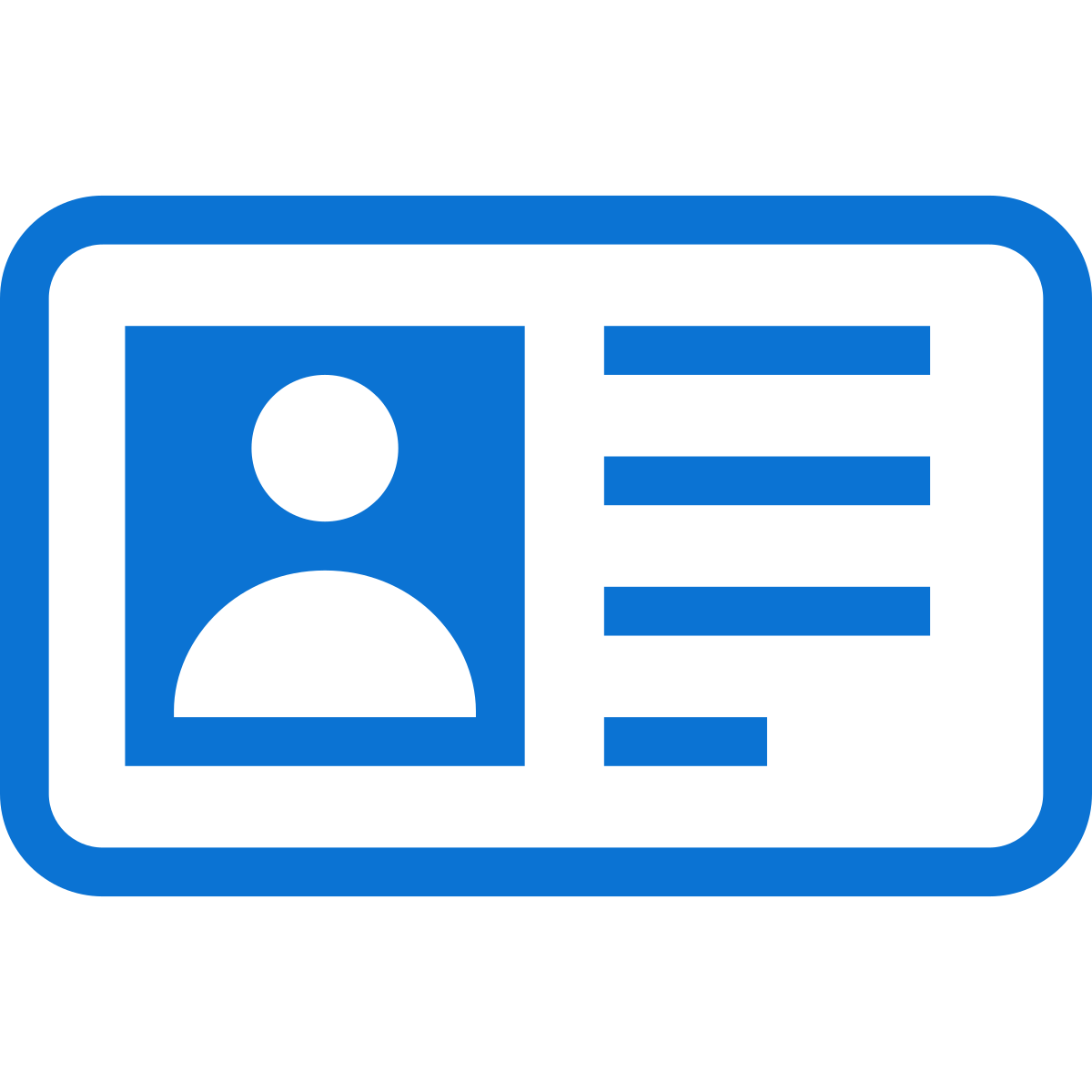 Simplified illustration of a badge or identification card with a person's silhouette and horizontal lines representing information, in blue and black colors.