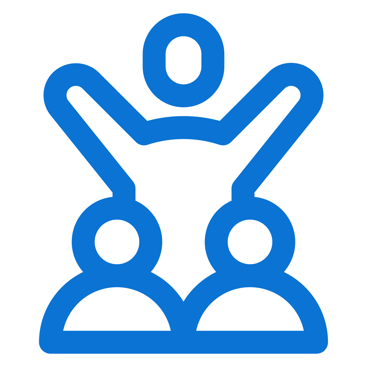 Blue icon of two people with a person above them, symbolizing community or support.