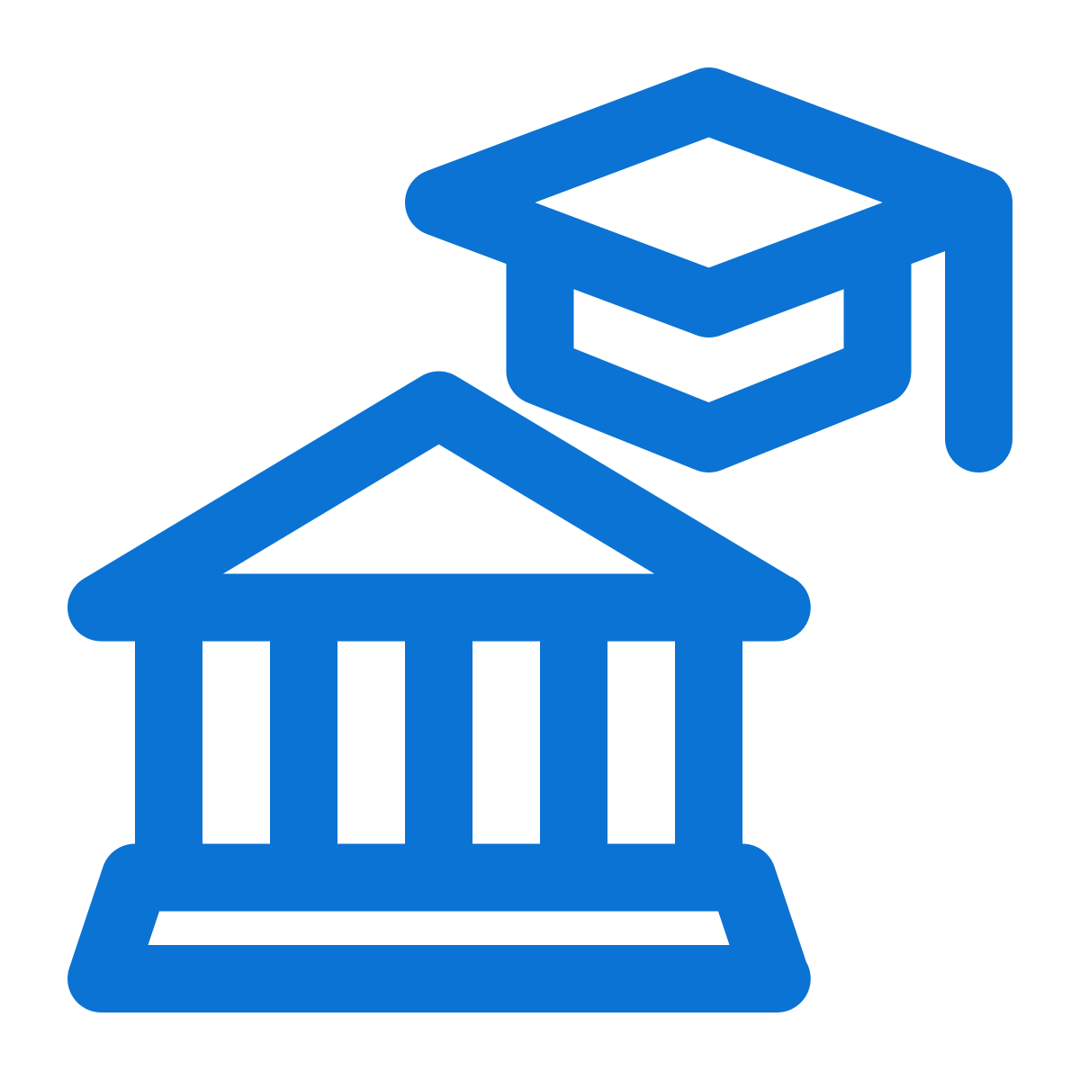 Icon of a graduation cap above a classical government building with columns.