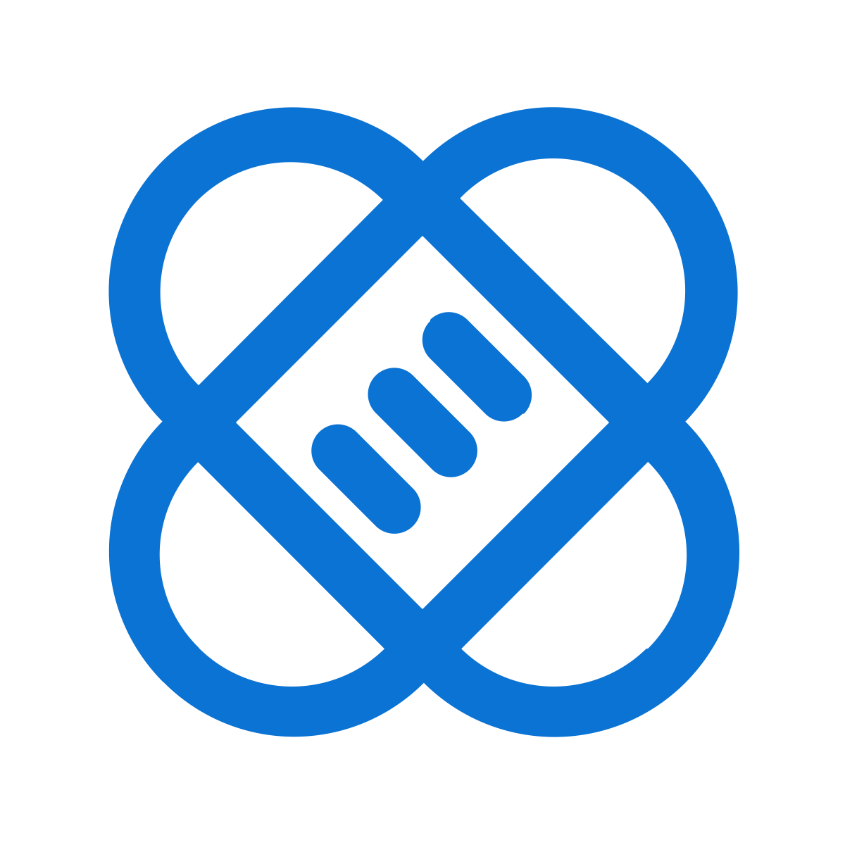 Blue icon of a heart with a checkmark inside, connected to four circles.